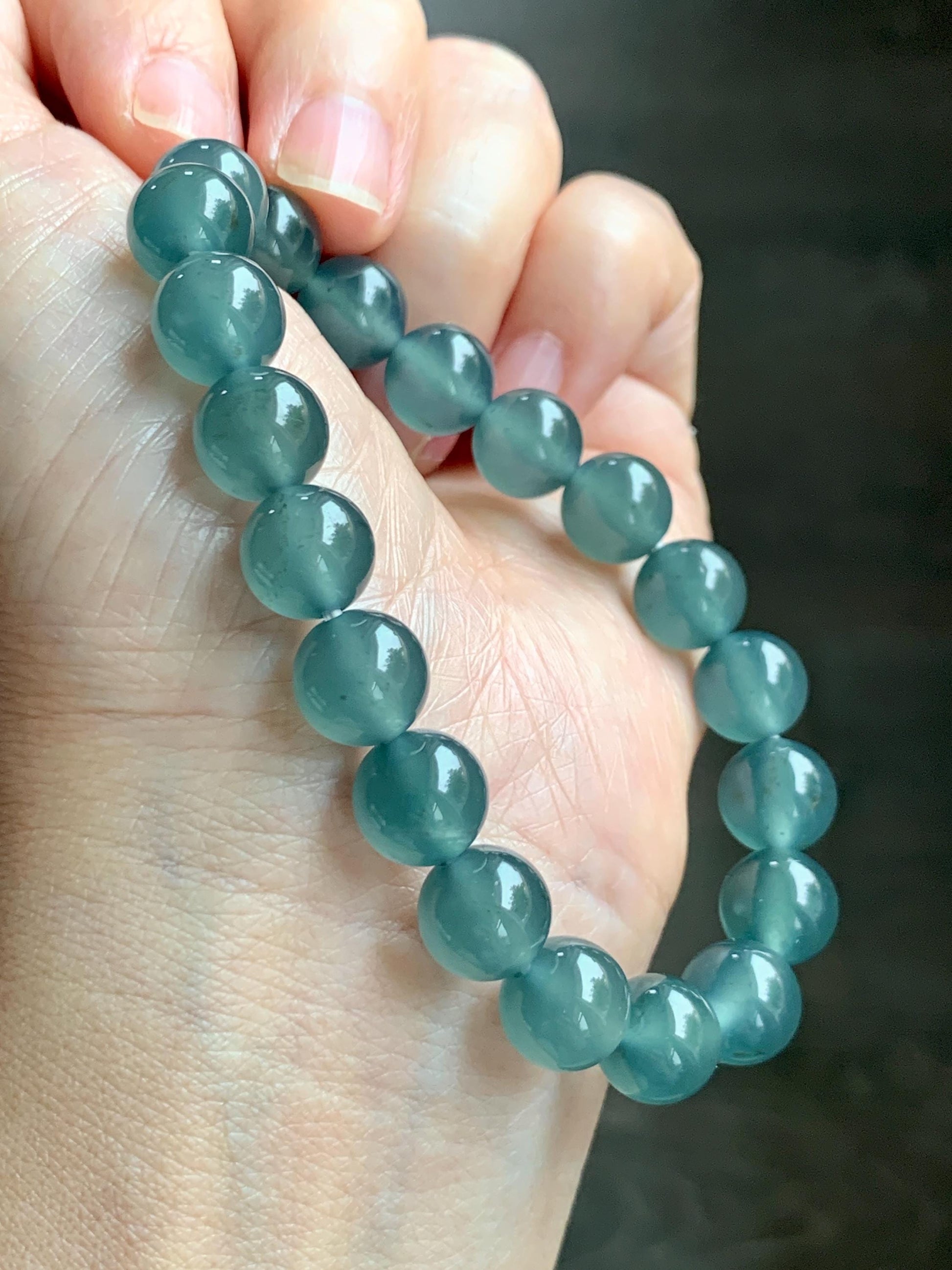 Certified Natural Grade A Guatemalan Icy Highly Translucent Teal Green Jade Jadeite Beads Beaded Bracelet 9.7mm 7.25” 32g 天然冰胶起光危晴蓝翡翠手串 457