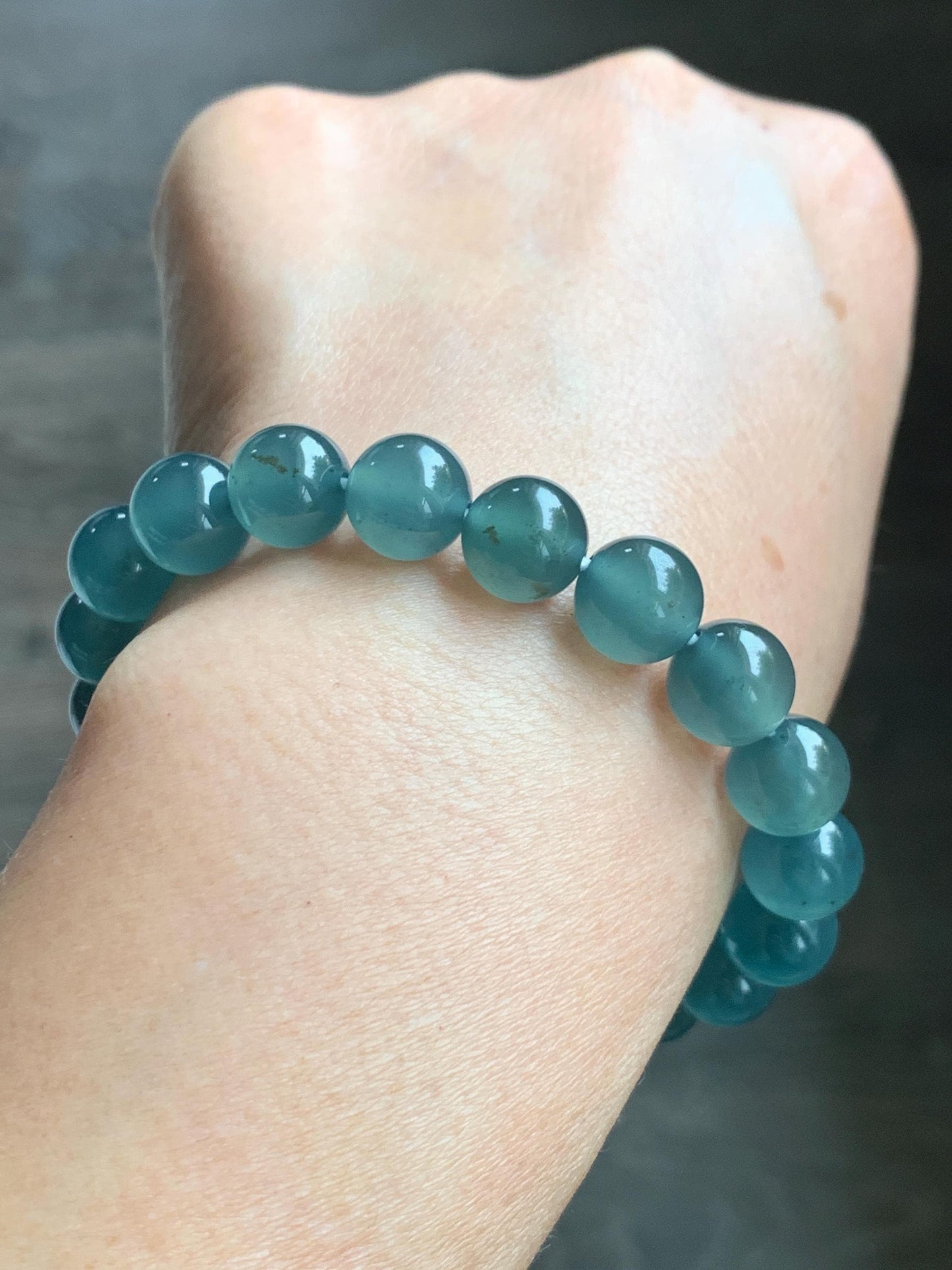 Certified Natural Grade A Guatemalan Icy Highly Translucent Teal Green Jade Jadeite Beads Beaded Bracelet 9.7mm 7.25” 32g 天然冰胶起光危晴蓝翡翠手串 457