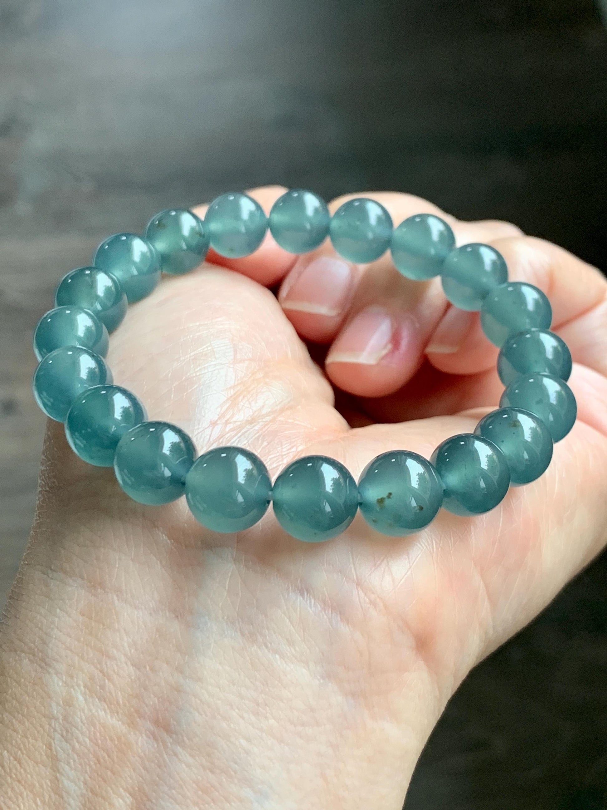Certified Natural Grade A Guatemalan Icy Highly Translucent Teal Green Jade Jadeite Beads Beaded Bracelet 9.7mm 7.25” 32g 天然冰胶起光危晴蓝翡翠手串 457