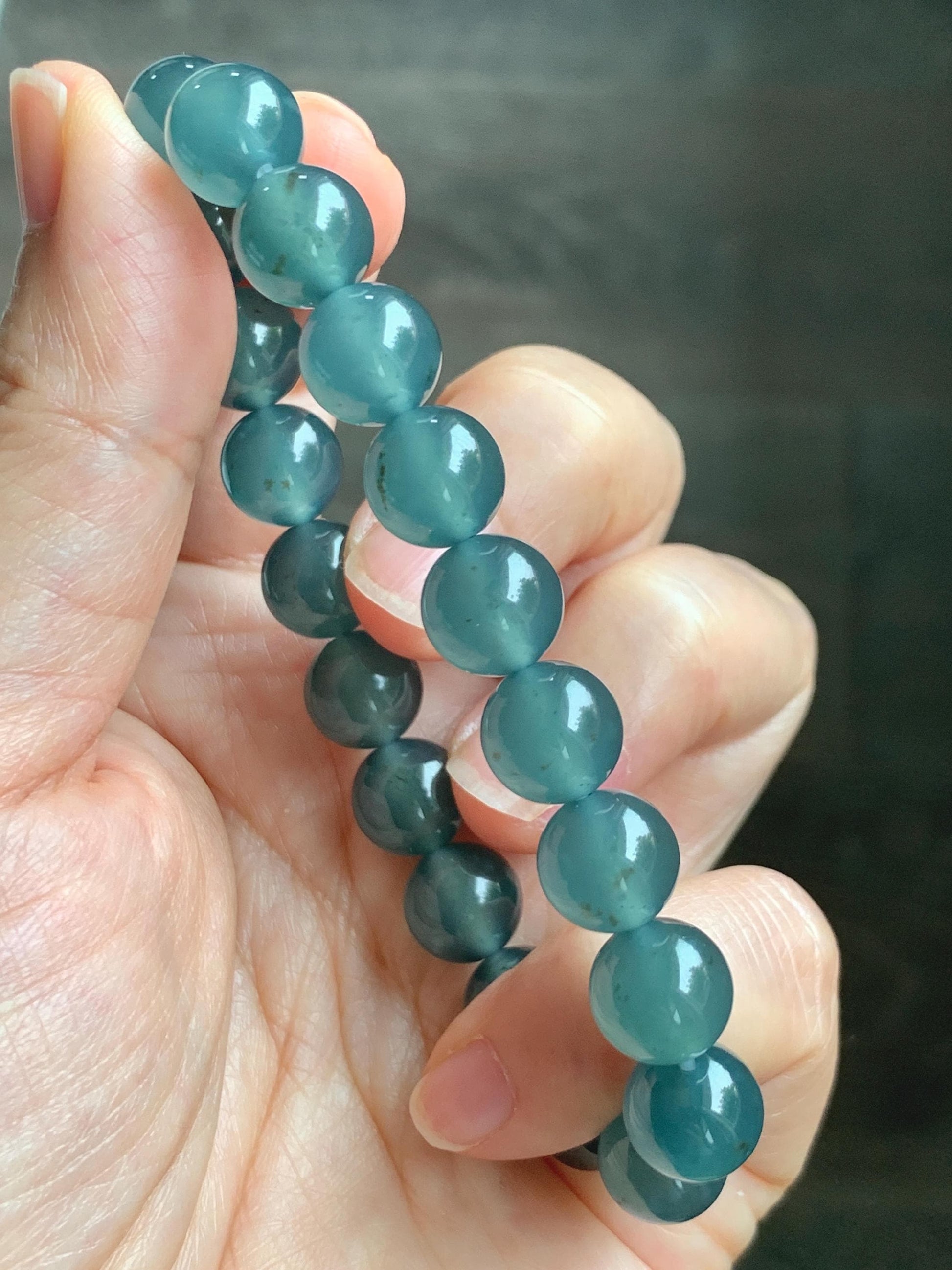 Certified Natural Grade A Guatemalan Icy Highly Translucent Teal Green Jade Jadeite Beads Beaded Bracelet 9.7mm 7.25” 32g 天然冰胶起光危晴蓝翡翠手串 457