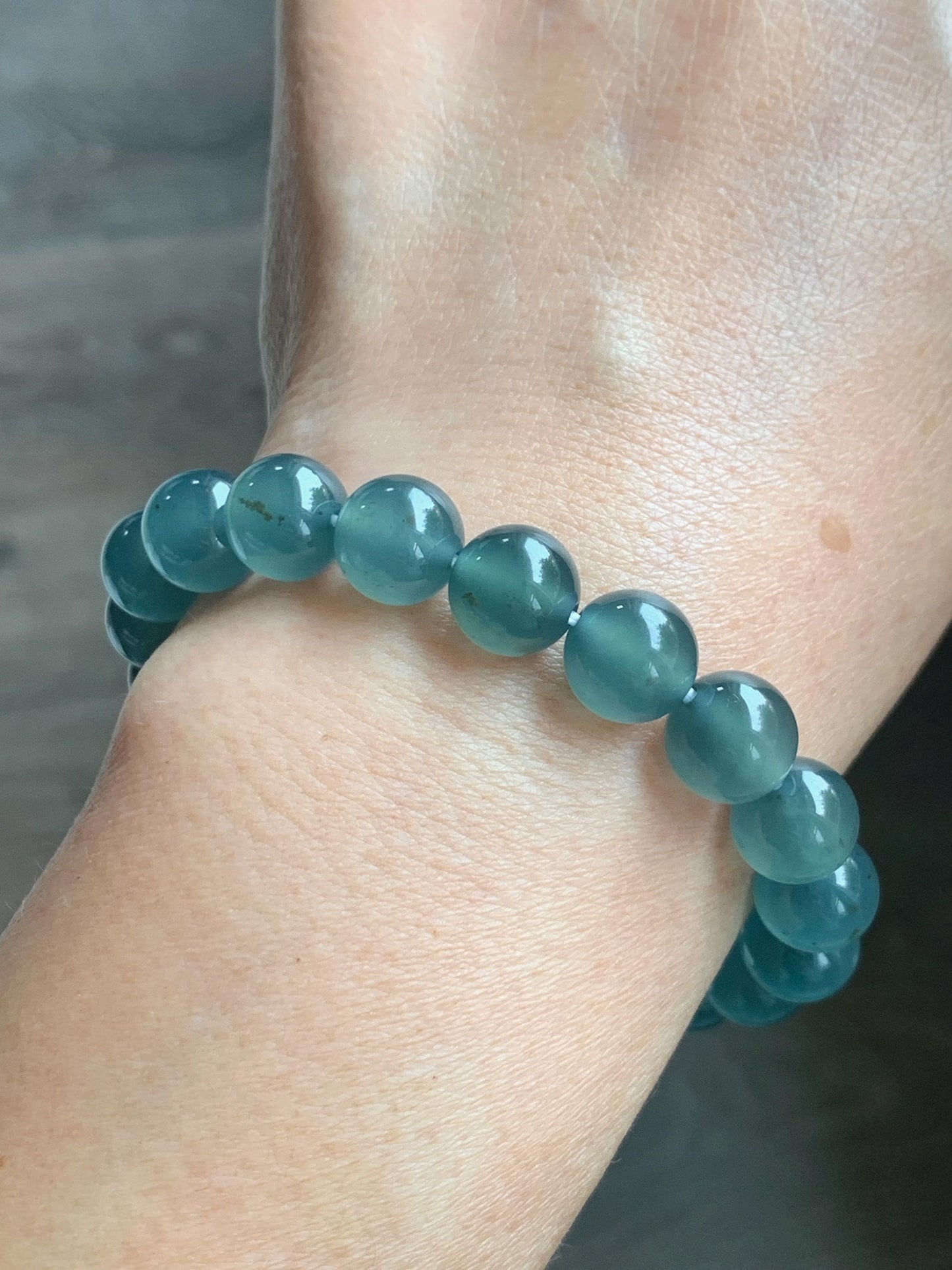 Certified Natural Grade A Guatemalan Icy Highly Translucent Teal Green Jade Jadeite Beads Beaded Bracelet 9.7mm 7.25” 32g 天然冰胶起光危晴蓝翡翠手串 457