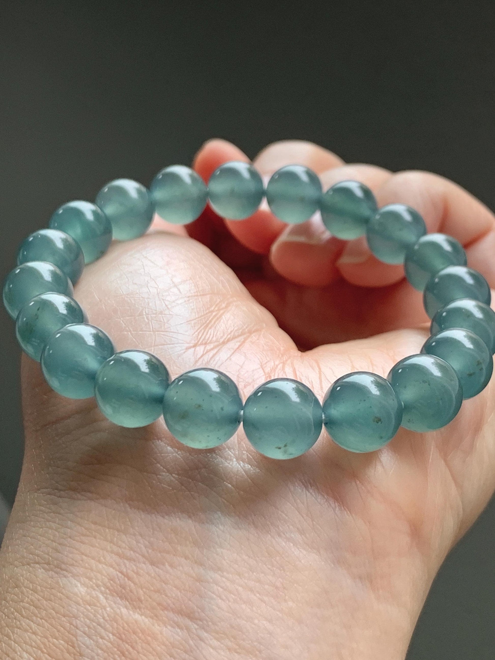 Certified Natural Grade A Guatemalan Icy Highly Translucent Teal Green Jade Jadeite Beads Beaded Bracelet 9.7mm 7.25” 32g 天然冰胶起光危晴蓝翡翠手串 457