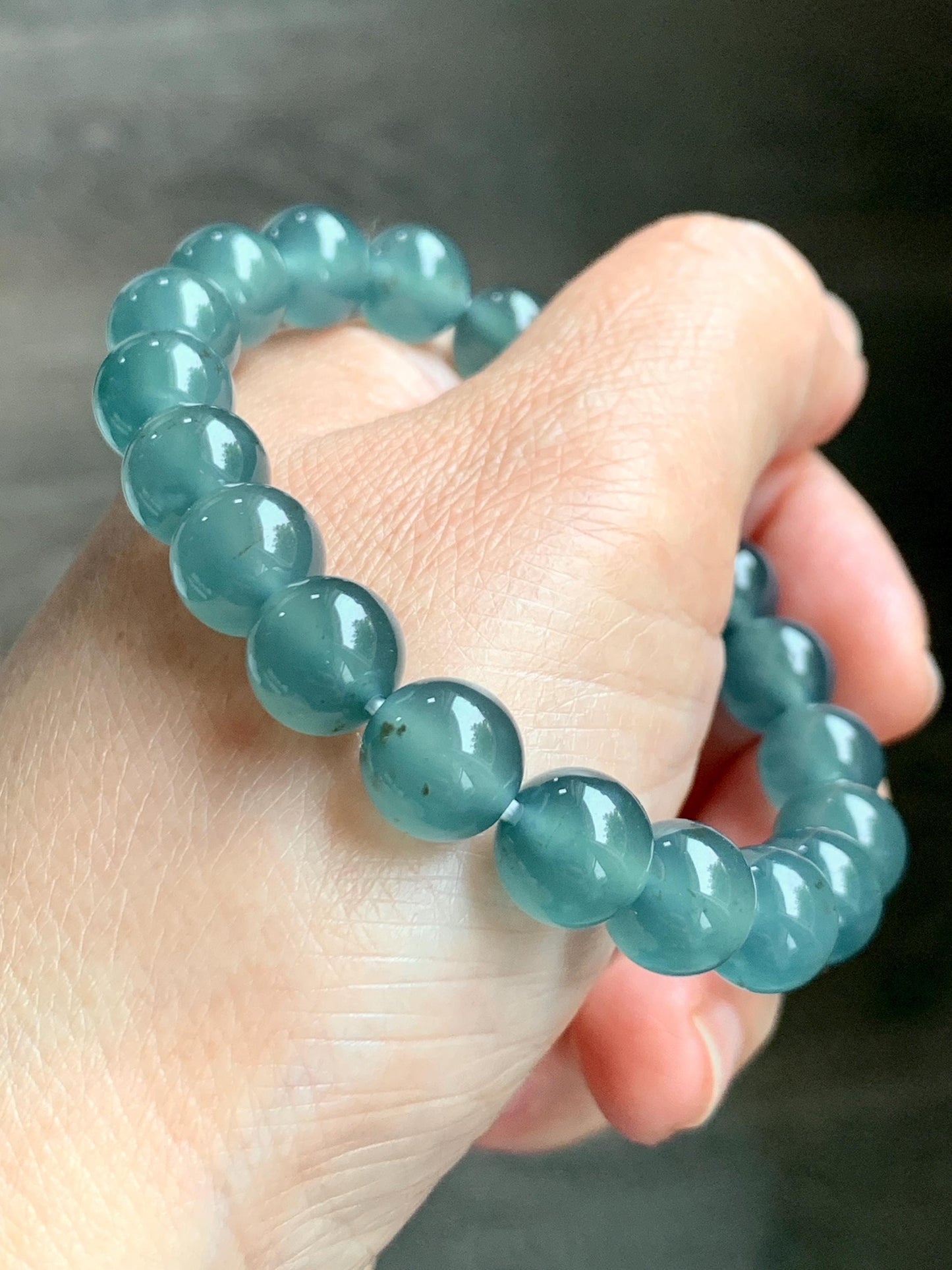 Certified Natural Grade A Guatemalan Icy Highly Translucent Teal Green Jade Jadeite Beads Beaded Bracelet 9.7mm 7.25” 32g 天然冰胶起光危晴蓝翡翠手串 457