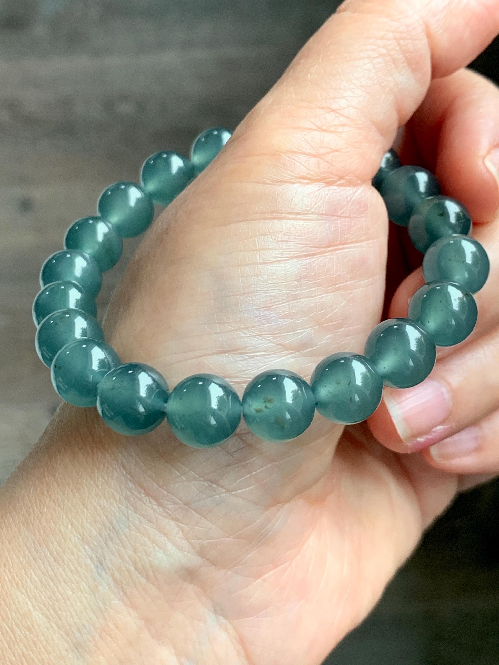 Certified Natural Grade A Guatemalan Icy Highly Translucent Teal Green Jade Jadeite Beads Beaded Bracelet 9.7mm 7.25” 32g 天然冰胶起光危晴蓝翡翠手串 457