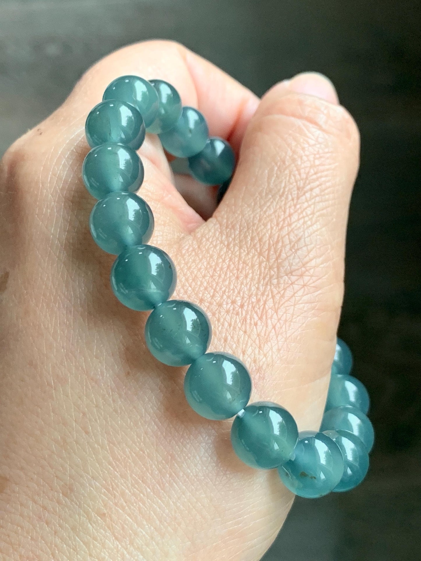 Certified Natural Grade A Guatemalan Icy Highly Translucent Teal Green Jade Jadeite Beads Beaded Bracelet 9.7mm 7.25” 32g 天然冰胶起光危晴蓝翡翠手串 457