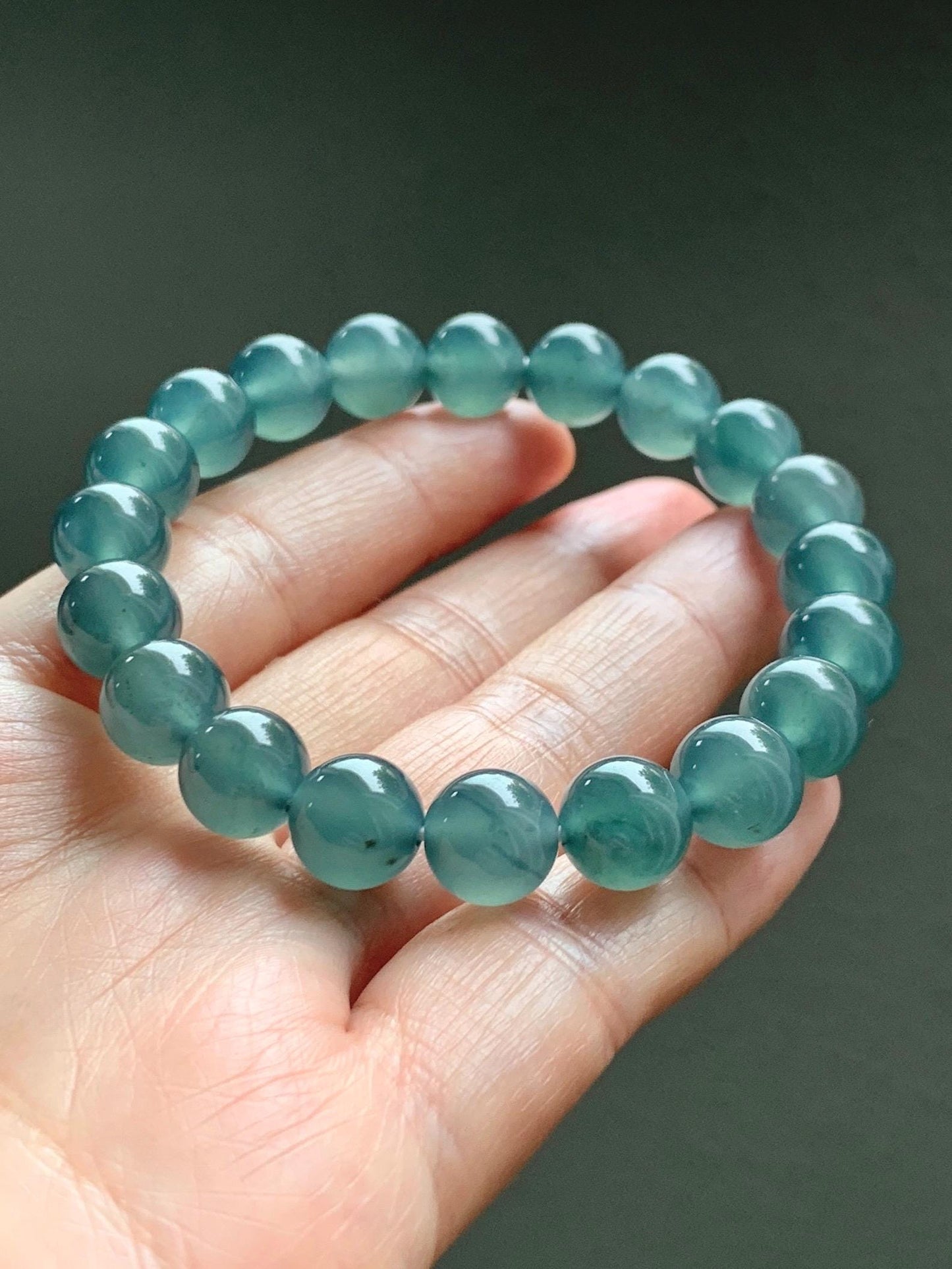 Certified Natural Grade A Guatemalan Icy Highly Translucent Teal Green Jade Jadeite Beads Beaded Bracelet 9.7mm 7.25” 32g 天然冰胶起光危晴蓝翡翠手串 458