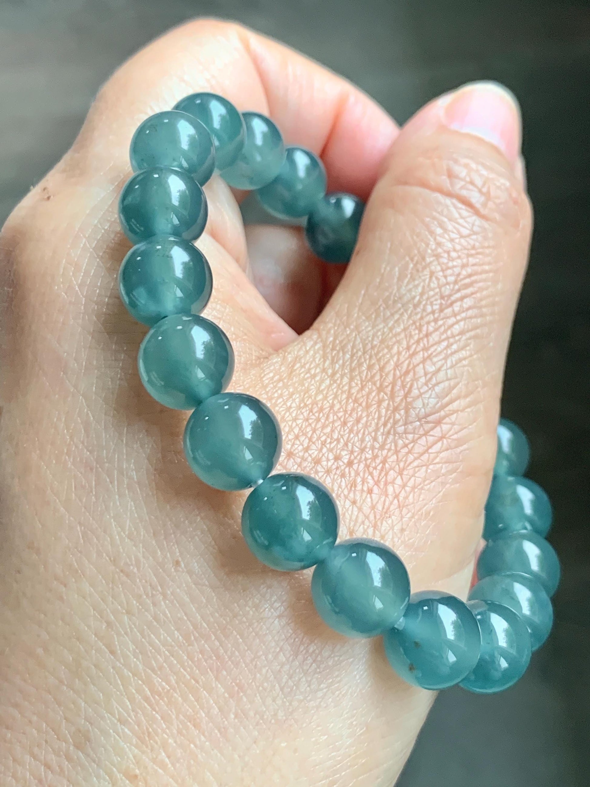 Certified Natural Grade A Guatemalan Icy Highly Translucent Teal Green Jade Jadeite Beads Beaded Bracelet 9.7mm 7.25” 32g 天然冰胶起光危晴蓝翡翠手串 458