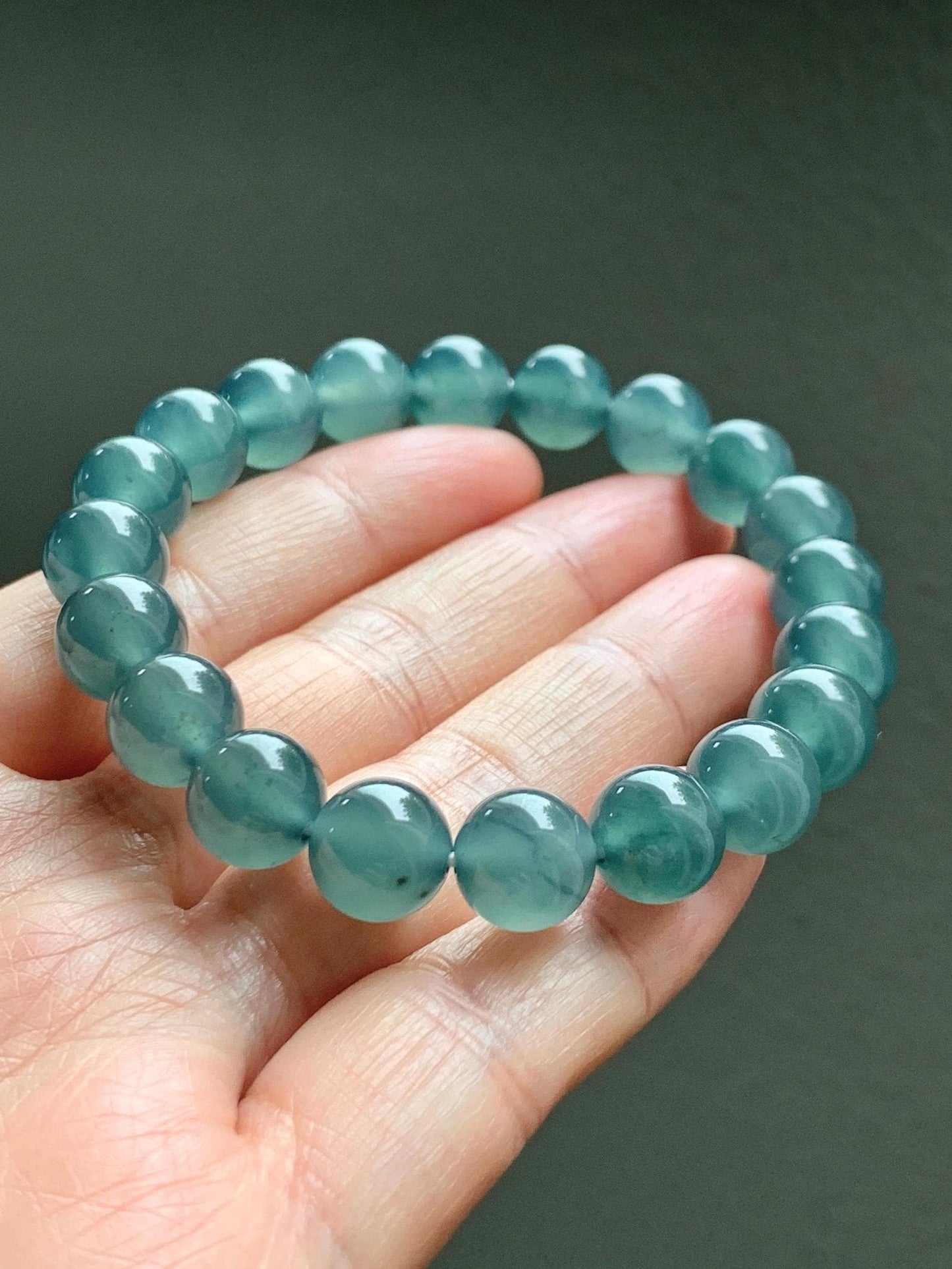 Certified Natural Grade A Guatemalan Icy Highly Translucent Teal Green Jade Jadeite Beads Beaded Bracelet 9.7mm 7.25” 32g 天然冰胶起光危晴蓝翡翠手串 458