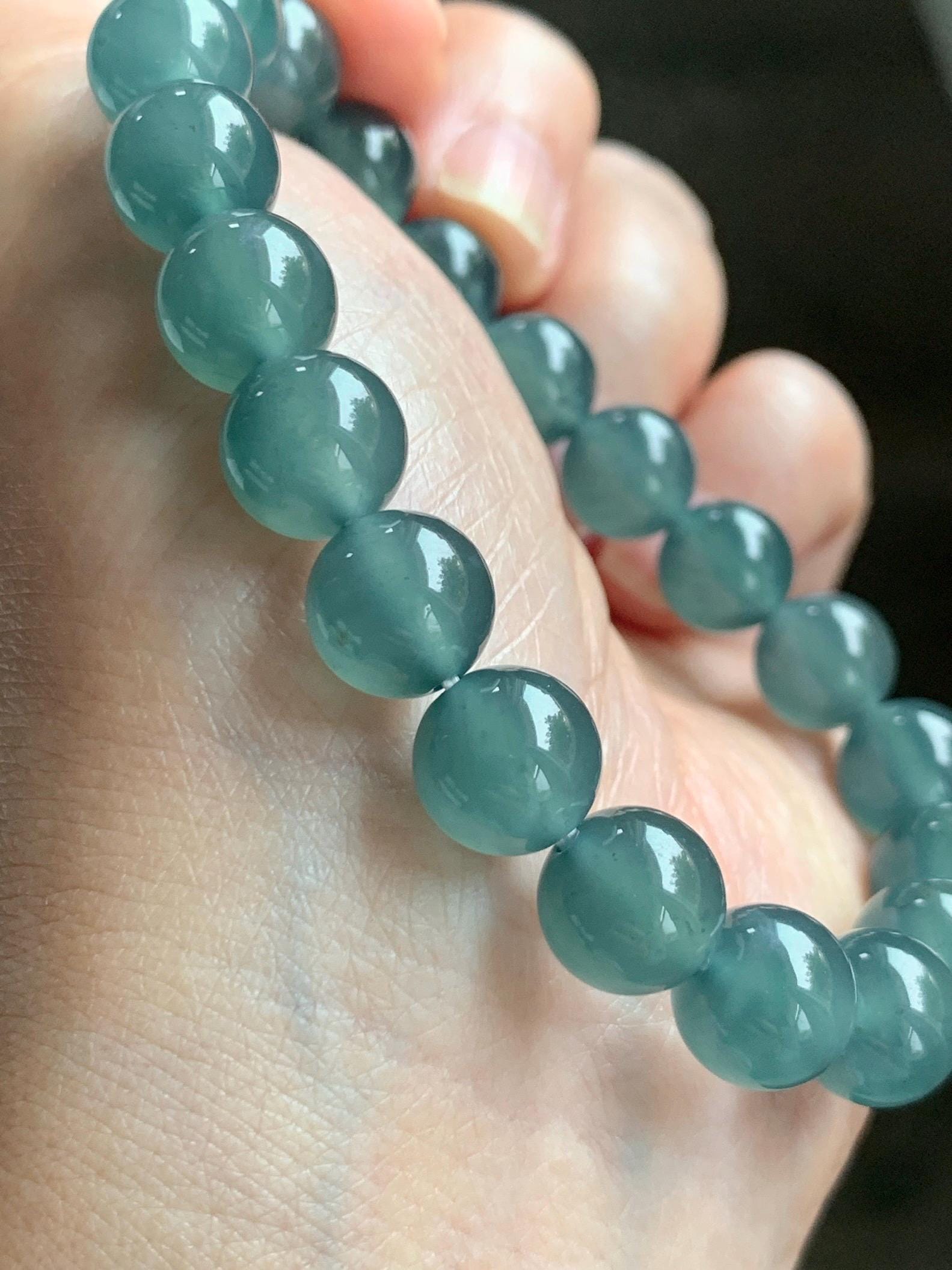 Certified Natural Grade A Guatemalan Icy Highly Translucent Teal Green Jade Jadeite Beads Beaded Bracelet 9.7mm 7.25” 32g 天然冰胶起光危晴蓝翡翠手串 458