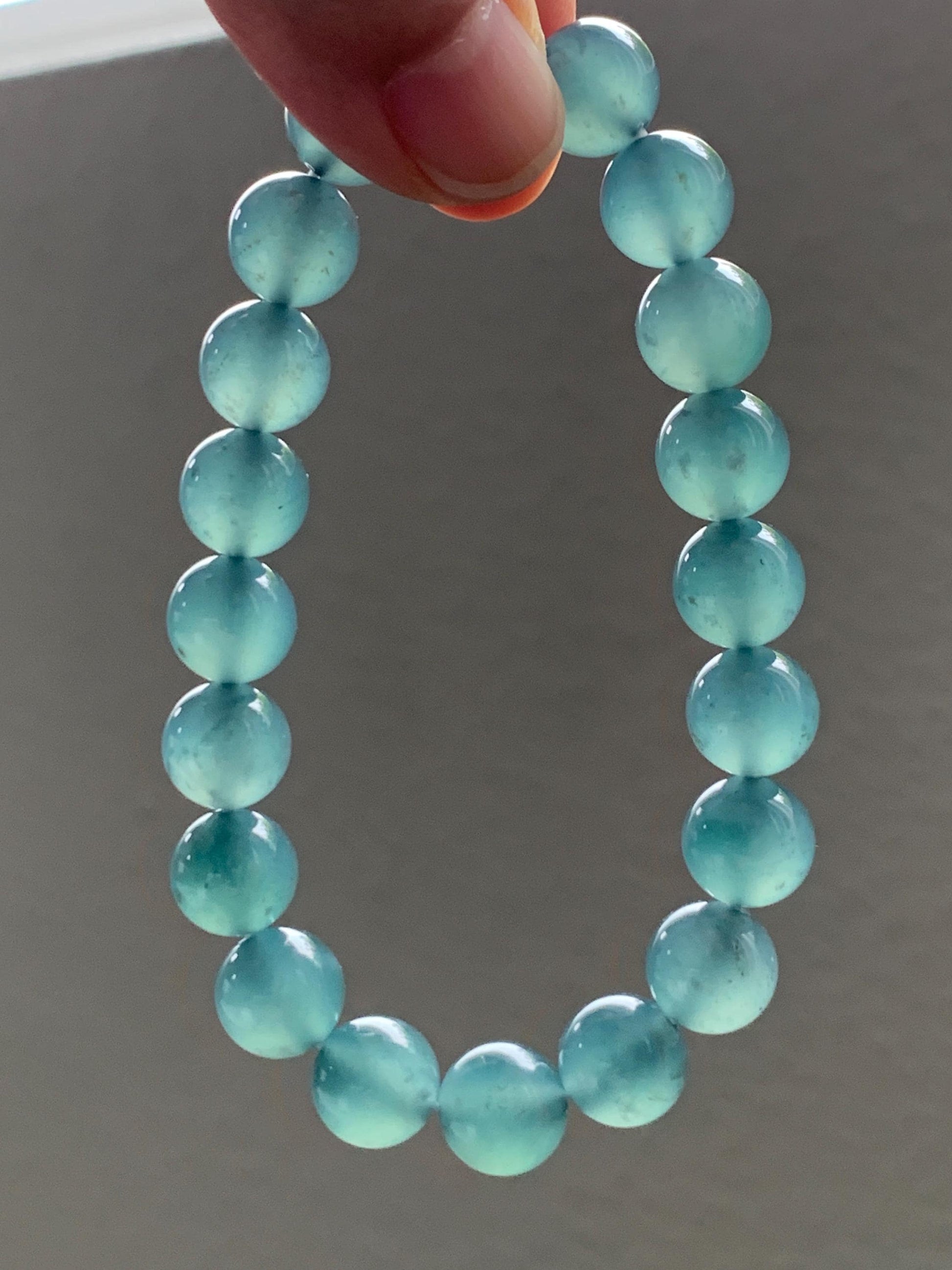 Certified Natural Grade A Guatemalan Icy Highly Translucent Teal Green Jade Jadeite Beads Beaded Bracelet 9.7mm 7.25” 32g 天然冰胶起光危晴蓝翡翠手串 458