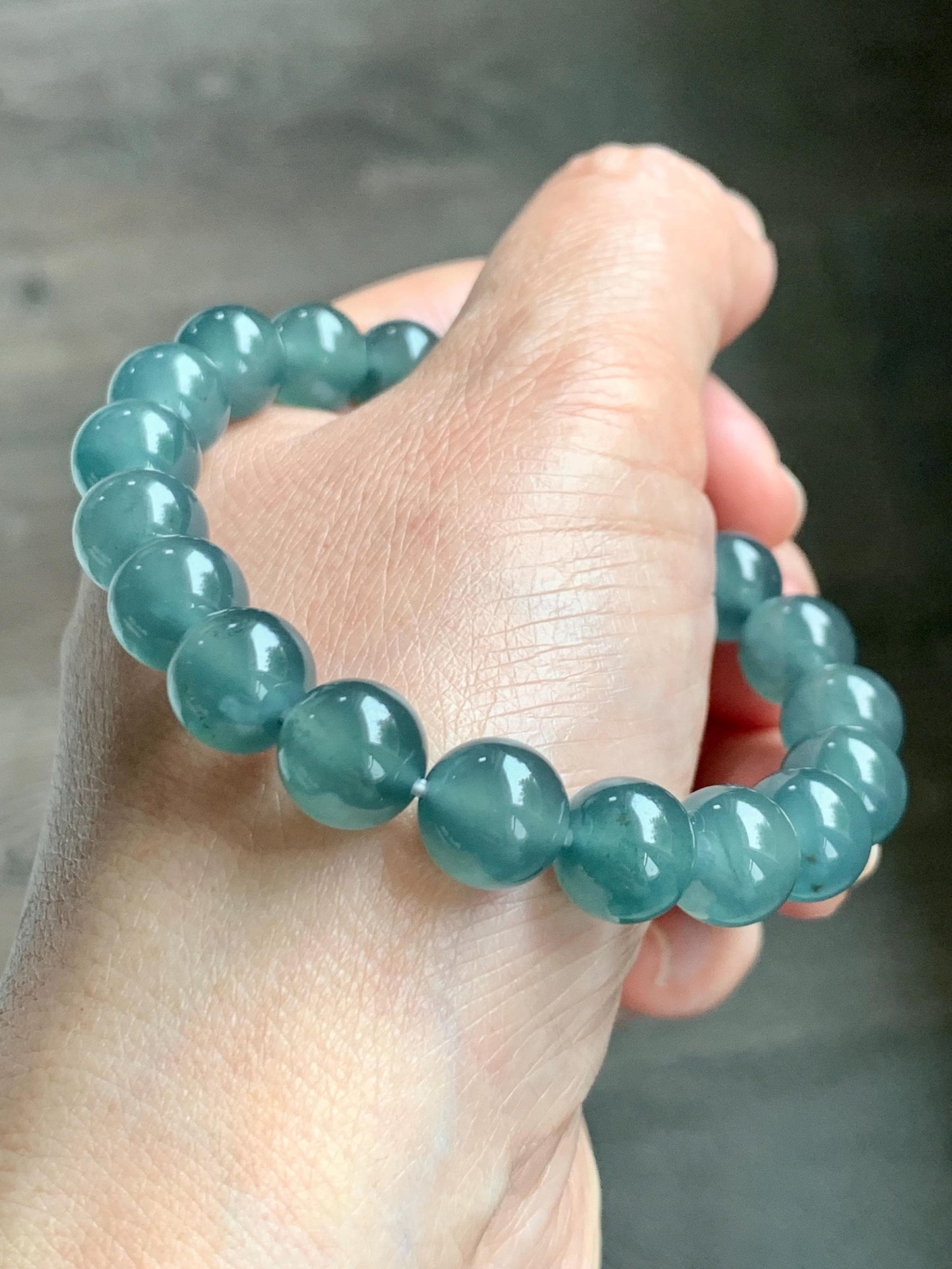 Certified Natural Grade A Guatemalan Icy Highly Translucent Teal Green Jade Jadeite Beads Beaded Bracelet 9.7mm 7.25” 32g 天然冰胶起光危晴蓝翡翠手串 458