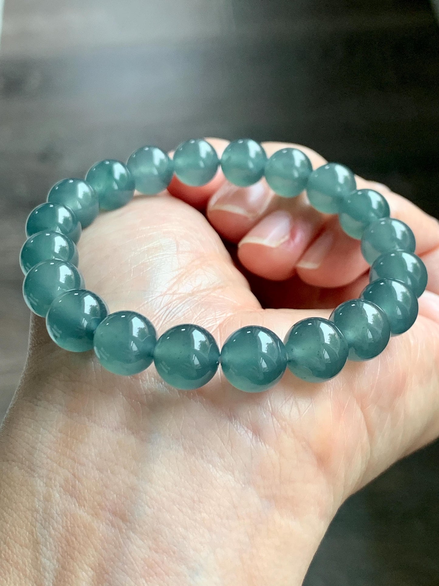 Certified Natural Grade A Guatemalan Icy Highly Translucent Teal Green Jade Jadeite Beads Beaded Bracelet 9.7mm 7.25” 32g 天然冰胶起光危晴蓝翡翠手串 458