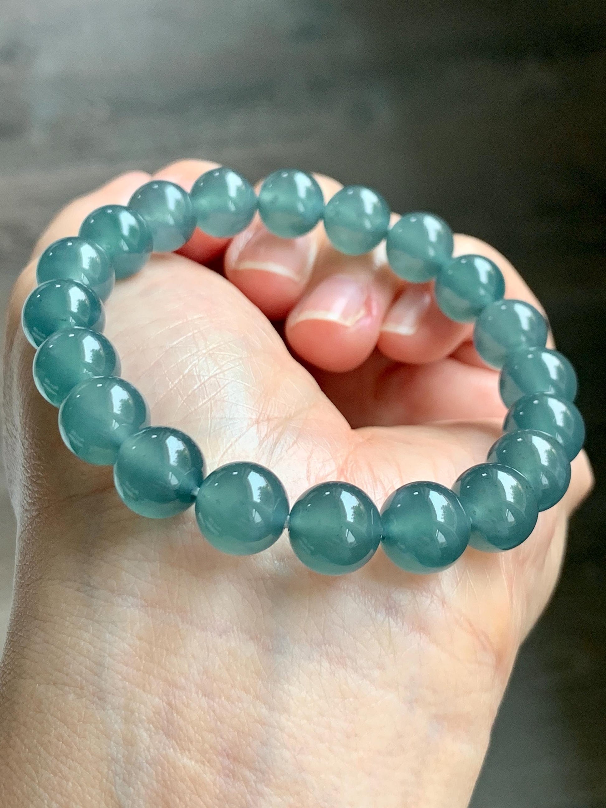 Certified Natural Grade A Guatemalan Icy Highly Translucent Teal Green Jade Jadeite Beads Beaded Bracelet 9.7mm 7.25” 32g 天然冰胶起光危晴蓝翡翠手串 458