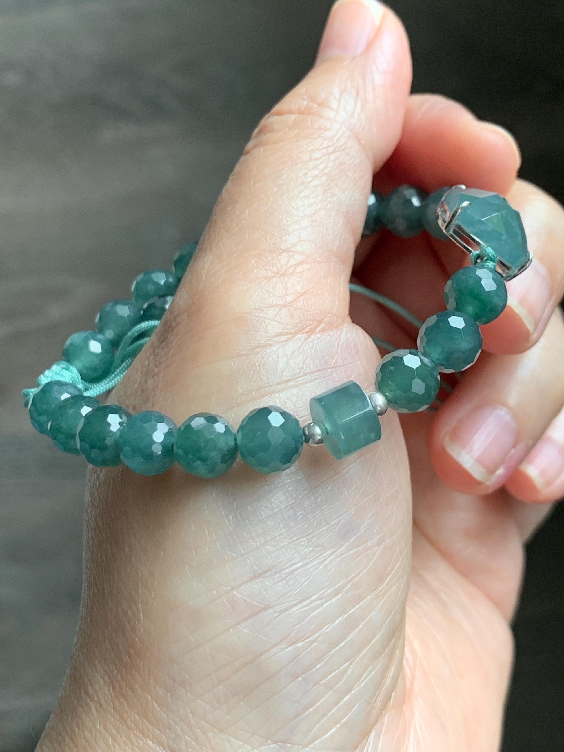 Natural Guatemalan Grade A Icy Translucent Dusty Teal Blue Jade Jadeite Cabochon & Beads Beaded Bracelet 7" 17g 天然冰危蓝绿翡翠切割面蛋面圆珠手串 WQG228