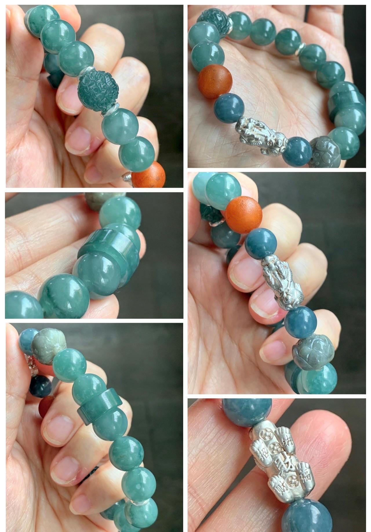 Natural Grade A Guatemalan Icy Dark Dusty Teal Green Jade Jadeite Dragon Bead Beaded Bracelet Sterling Silver 7” 41g 天然冰危暗蓝绿翡翠龙珠手串 WDI298