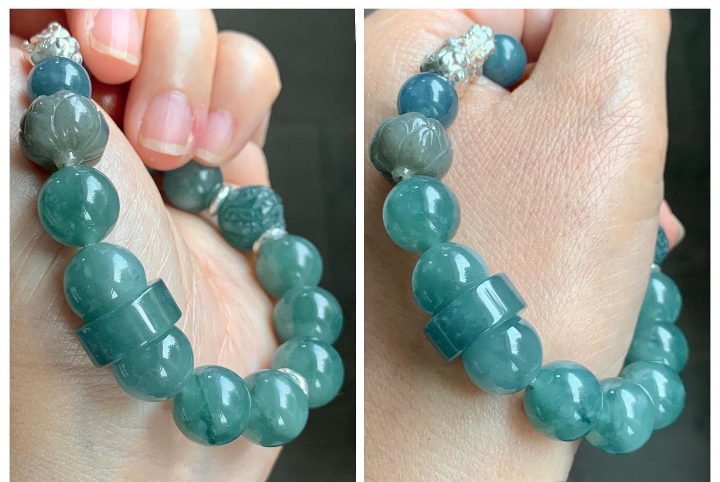 Natural Grade A Guatemalan Icy Dark Dusty Teal Green Jade Jadeite Dragon Bead Beaded Bracelet Sterling Silver 7” 41g 天然冰危暗蓝绿翡翠龙珠手串 WDI298
