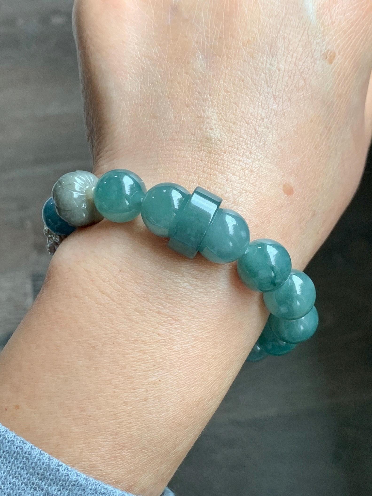 Natural Grade A Guatemalan Icy Dark Dusty Teal Green Jade Jadeite Dragon Bead Beaded Bracelet Sterling Silver 7” 41g 天然冰危暗蓝绿翡翠龙珠手串 WDI298