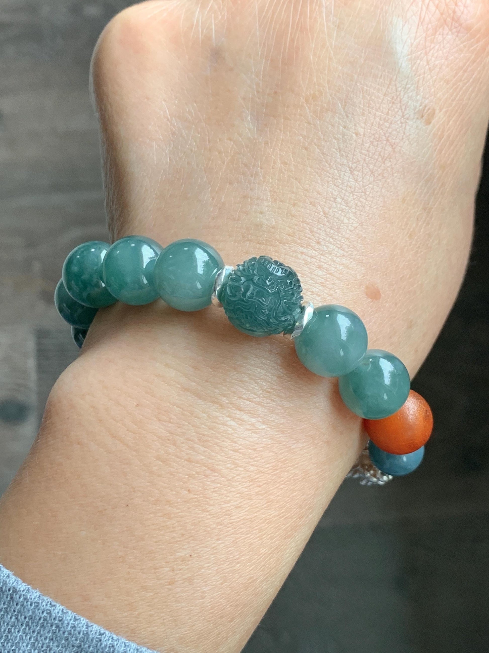 Natural Grade A Guatemalan Icy Dark Dusty Teal Green Jade Jadeite Dragon Bead Beaded Bracelet Sterling Silver 7” 41g 天然冰危暗蓝绿翡翠龙珠手串 WDI298