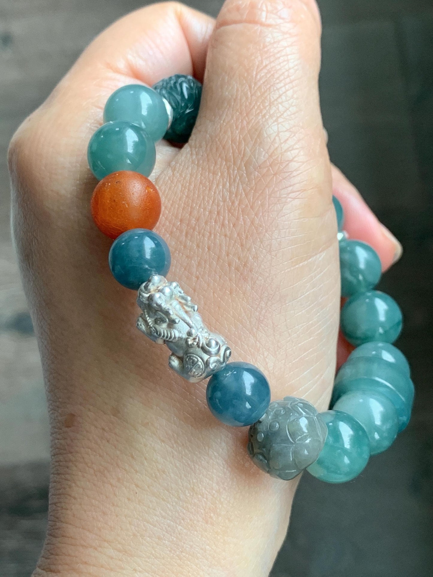Natural Grade A Guatemalan Icy Dark Dusty Teal Green Jade Jadeite Dragon Bead Beaded Bracelet Sterling Silver 7” 41g 天然冰危暗蓝绿翡翠龙珠手串 WDI298