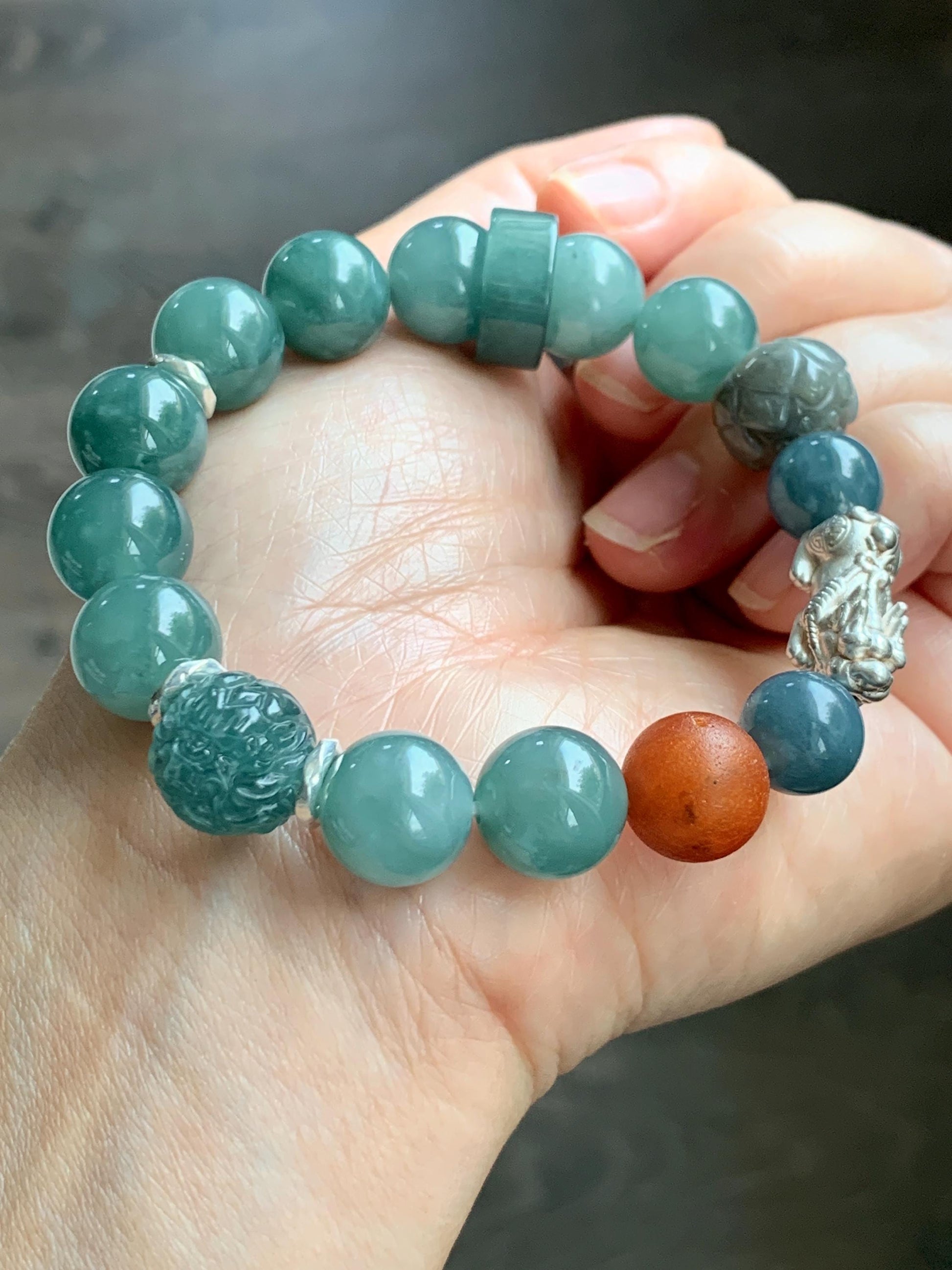 Natural Grade A Guatemalan Icy Dark Dusty Teal Green Jade Jadeite Dragon Bead Beaded Bracelet Sterling Silver 7” 41g 天然冰危暗蓝绿翡翠龙珠手串 WDI298