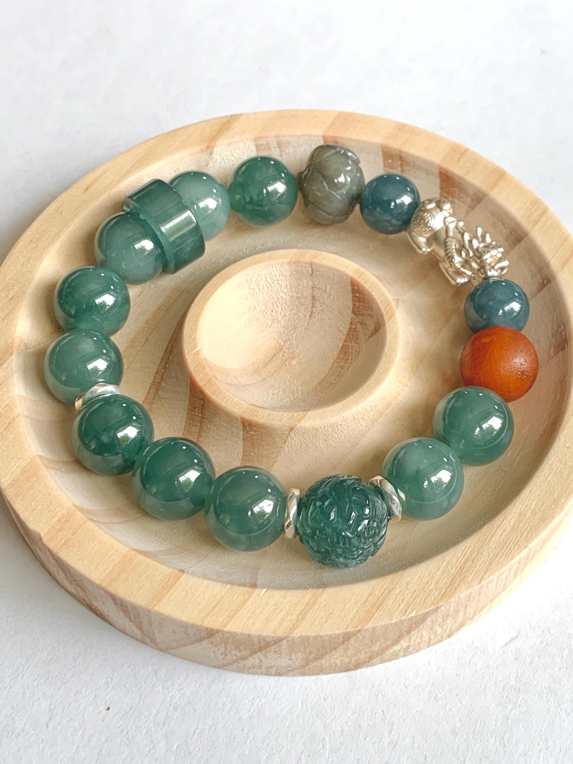 Natural Grade A Guatemalan Icy Dark Dusty Teal Green Jade Jadeite Dragon Bead Beaded Bracelet Sterling Silver 7” 41g 天然冰危暗蓝绿翡翠龙珠手串 WDI298