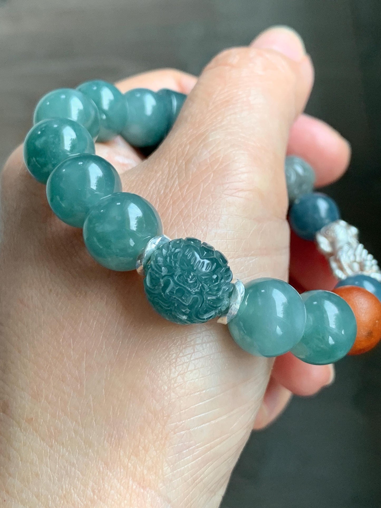 Natural Grade A Guatemalan Icy Dark Dusty Teal Green Jade Jadeite Dragon Bead Beaded Bracelet Sterling Silver 7” 41g 天然冰危暗蓝绿翡翠龙珠手串 WDI298