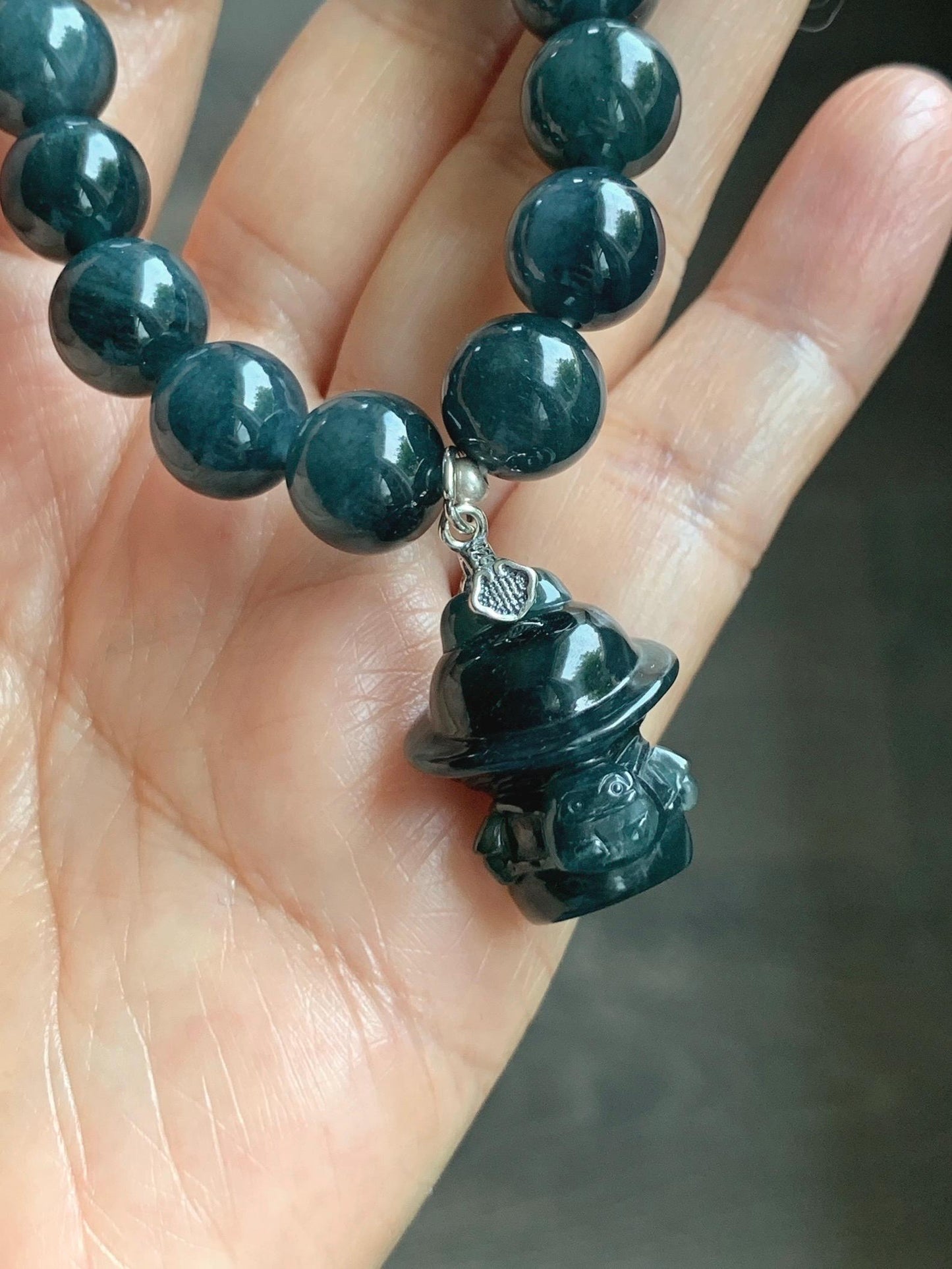 Natural Guatemalan Grade A Icy Dark Aegean Blue Jade Jadeite Beads & Charm Beaded Bracelet Sterling Silver 9.9mm 6.75” 天然冰危牛仔蓝翡翠拉布布手串 WLB210