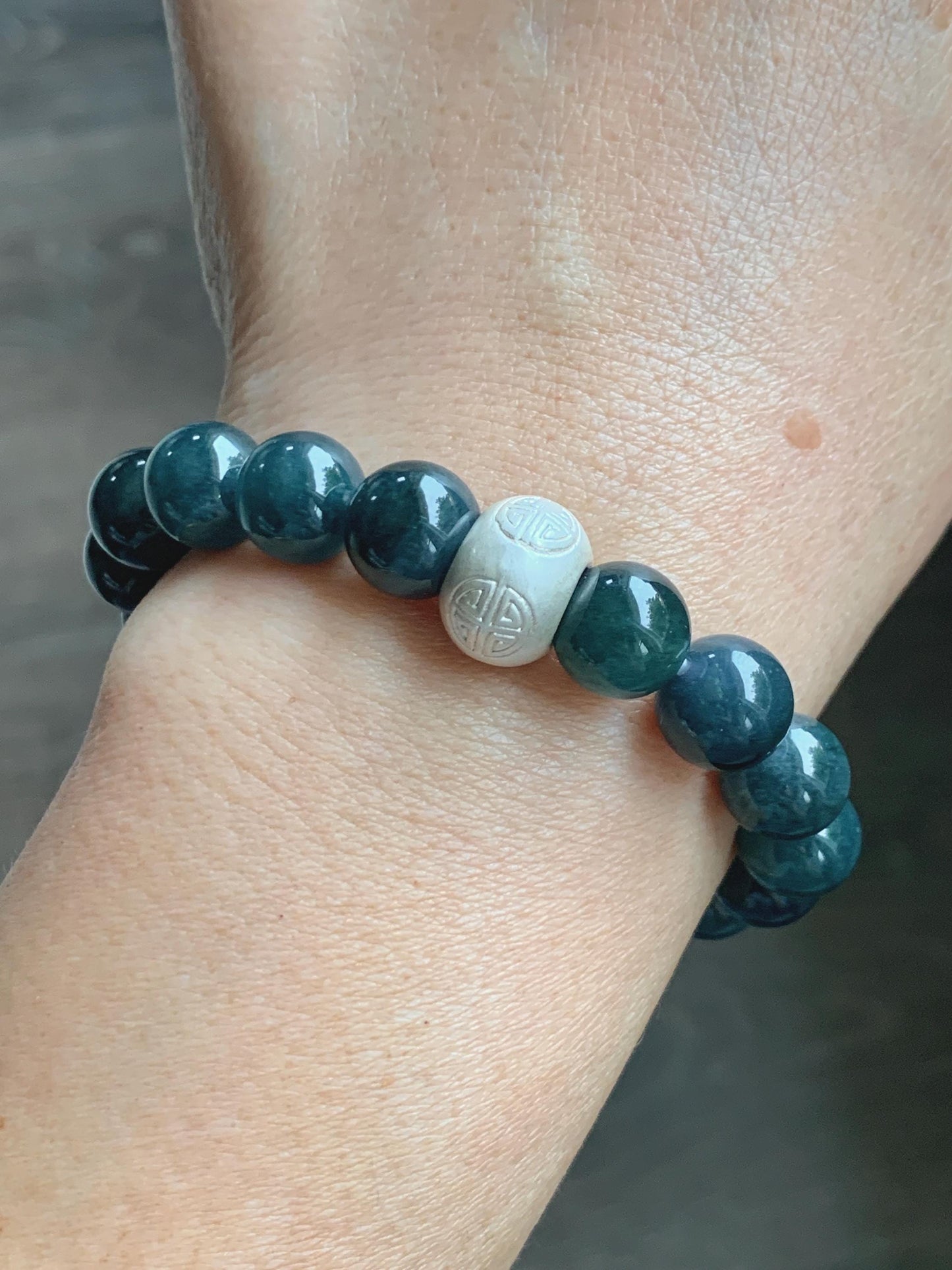 Natural Guatemalan Grade A Icy Dark Aegean Blue Jade Jadeite Beads & Charm Beaded Bracelet Sterling Silver 9.9mm 6.75” 天然冰危牛仔蓝翡翠拉布布手串 WLB210