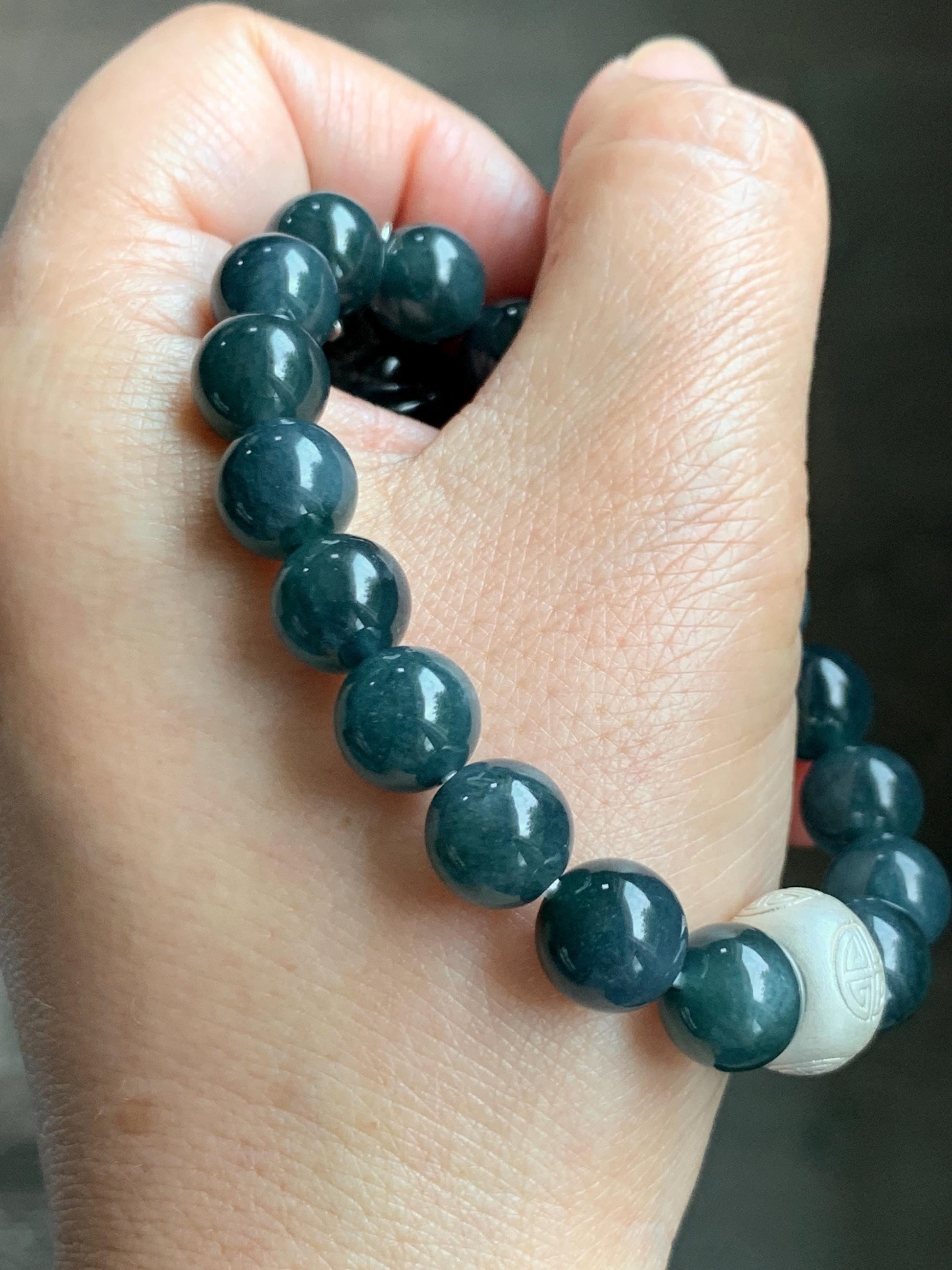 Natural Guatemalan Grade A Icy Dark Aegean Blue Jade Jadeite Beads & Charm Beaded Bracelet Sterling Silver 9.9mm 6.75” 天然冰危牛仔蓝翡翠拉布布手串 WLB210