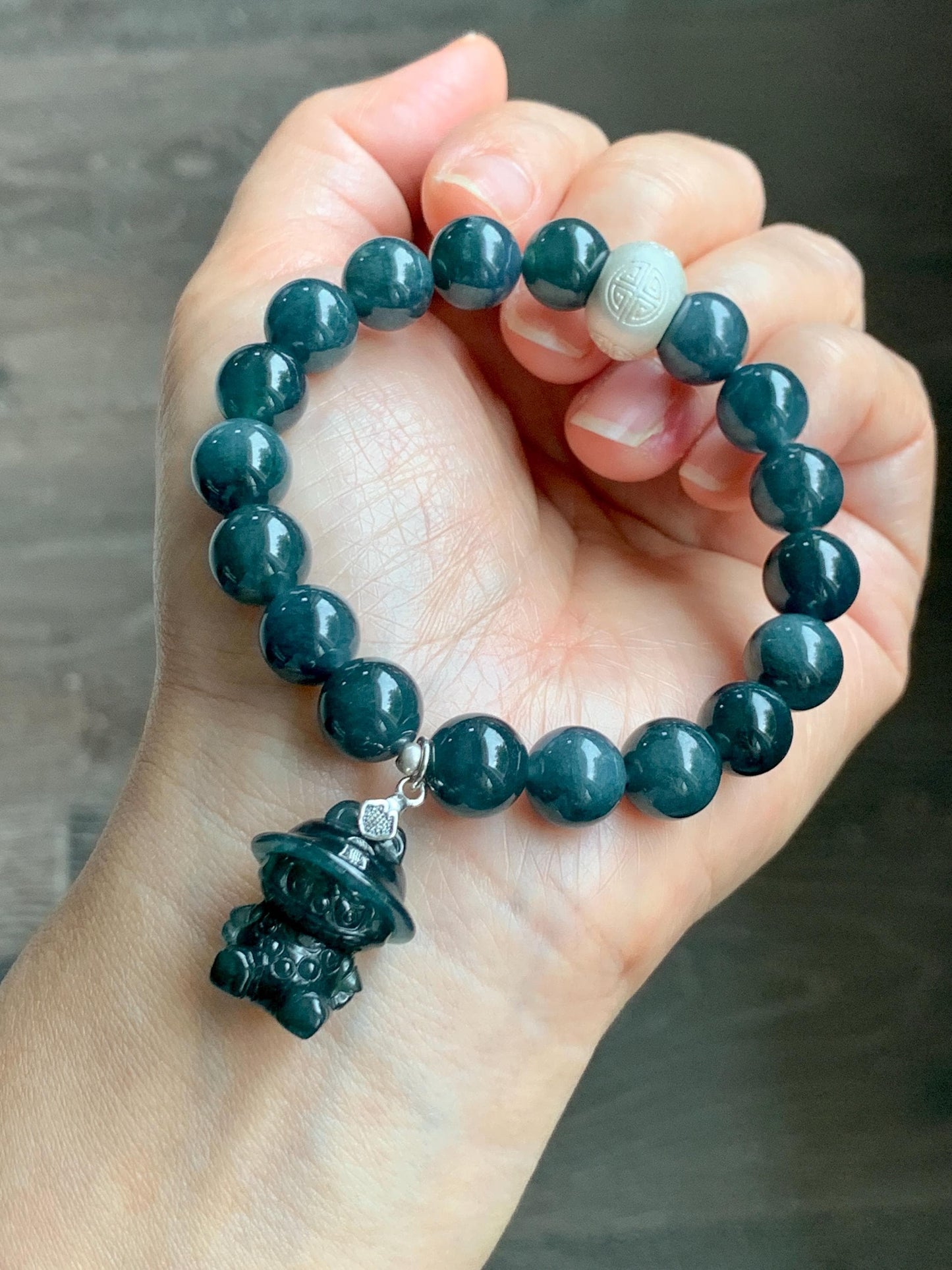 Natural Guatemalan Grade A Icy Dark Aegean Blue Jade Jadeite Beads & Charm Beaded Bracelet Sterling Silver 9.9mm 6.75” 天然冰危牛仔蓝翡翠拉布布手串 WLB210