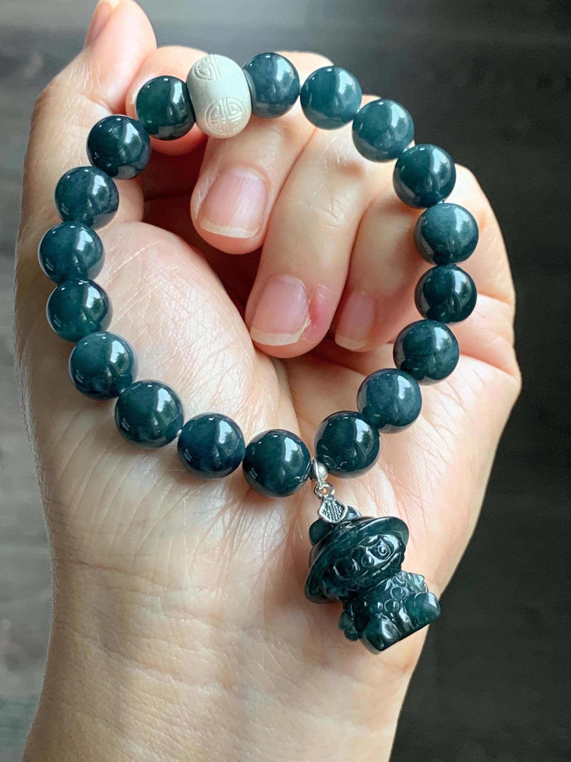 Natural Guatemalan Grade A Icy Dark Aegean Blue Jade Jadeite Beads & Charm Beaded Bracelet Sterling Silver 9.9mm 6.75” 天然冰危牛仔蓝翡翠拉布布手串 WLB210
