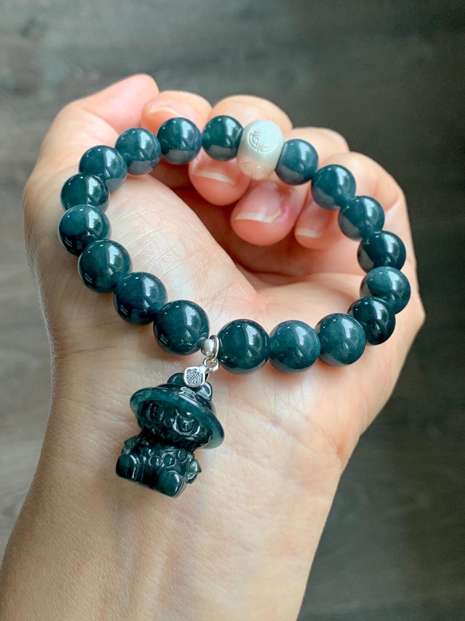 Natural Guatemalan Grade A Icy Dark Aegean Blue Jade Jadeite Beads & Charm Beaded Bracelet Sterling Silver 9.9mm 6.75” 天然冰危牛仔蓝翡翠拉布布手串 WLB210