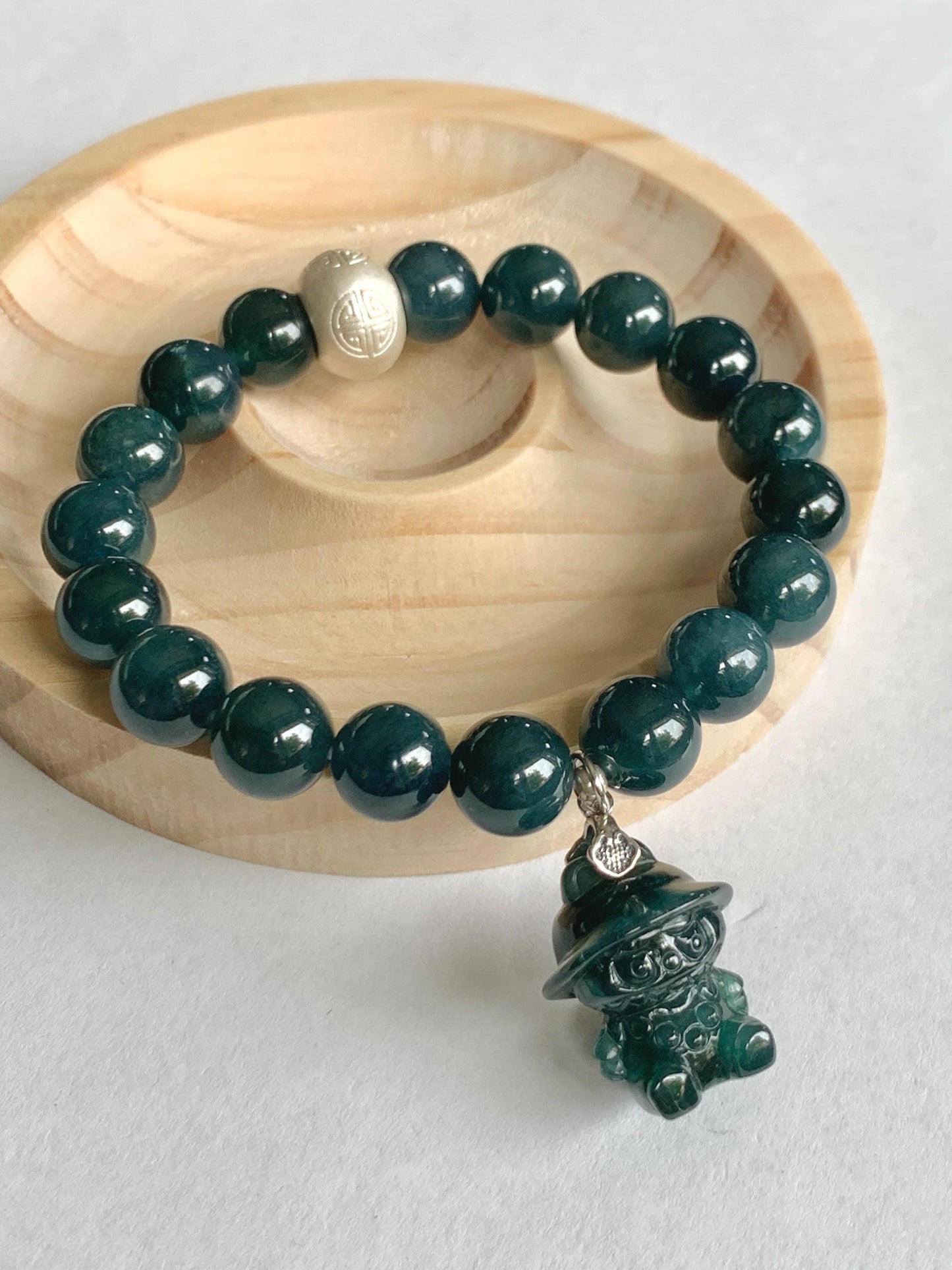 Natural Guatemalan Grade A Icy Dark Aegean Blue Jade Jadeite Beads & Charm Beaded Bracelet Sterling Silver 9.9mm 6.75” 天然冰危牛仔蓝翡翠拉布布手串 WLB210