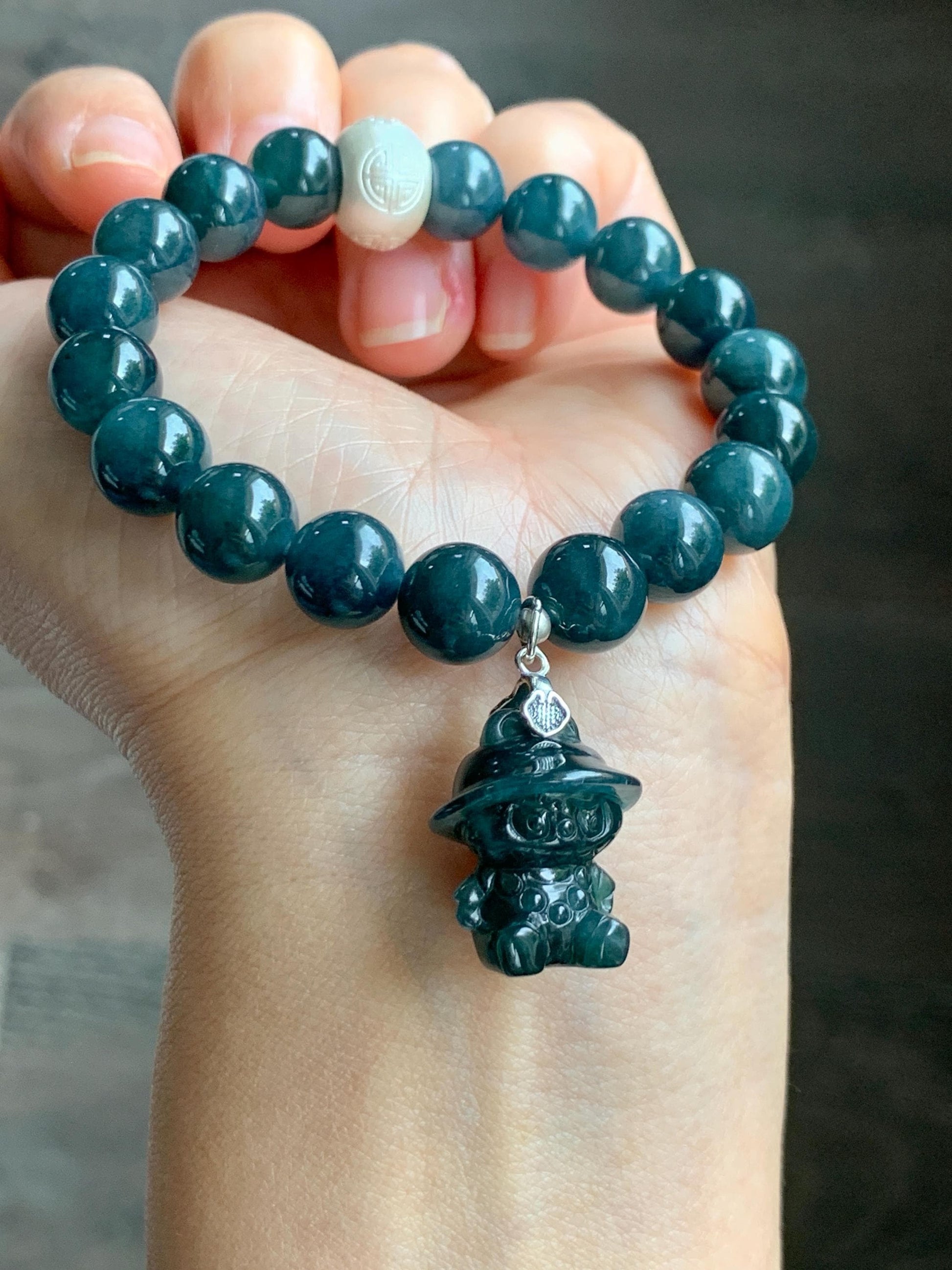 Natural Guatemalan Grade A Icy Dark Aegean Blue Jade Jadeite Beads & Charm Beaded Bracelet Sterling Silver 9.9mm 6.75” 天然冰危牛仔蓝翡翠拉布布手串 WLB210