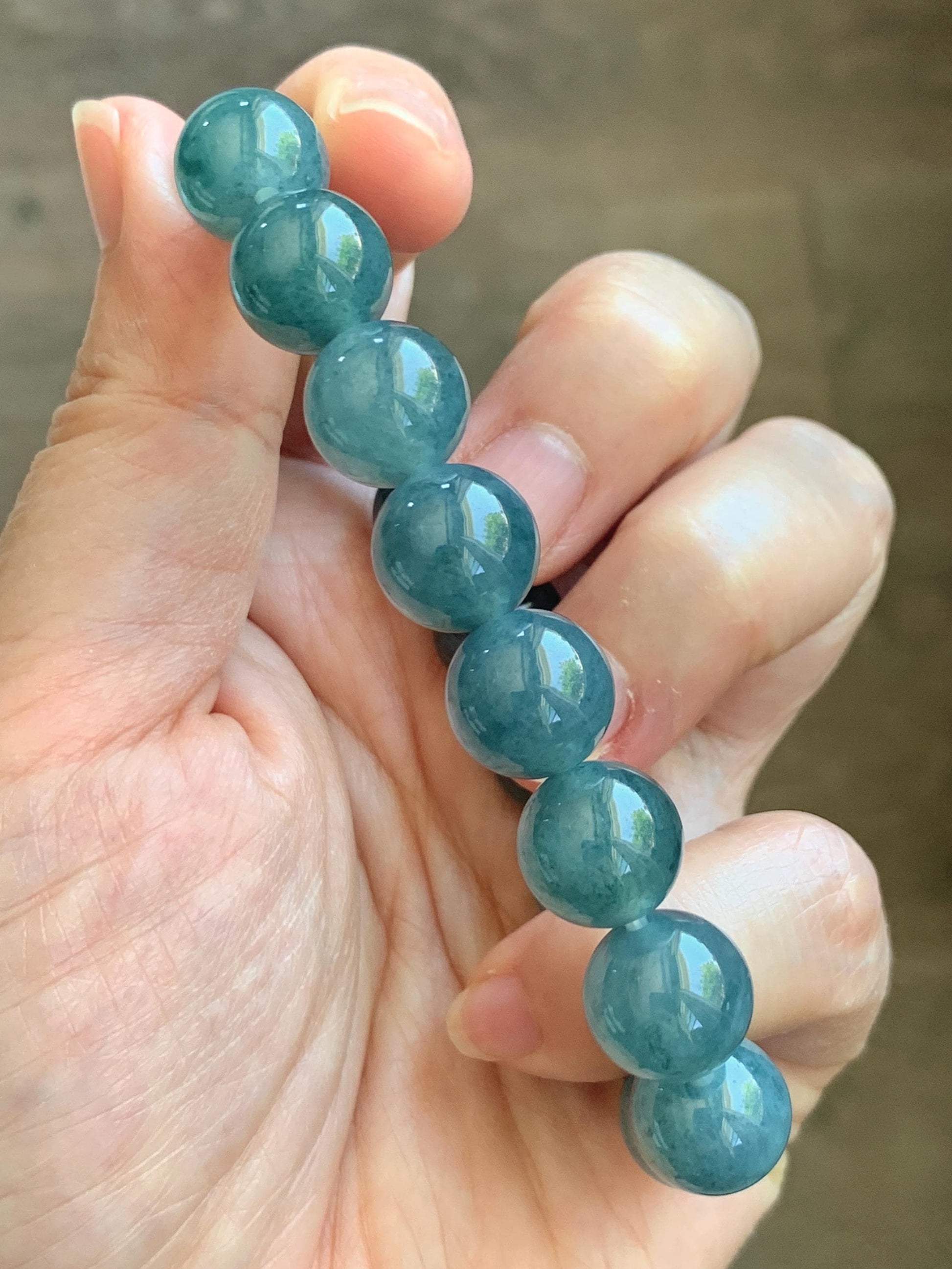 Certified Natural Grade A Guatemalan Icy Highly Translucent Blue Green Marble Jade Jadeite Beaded Bracelet 11.8mm 7.4” 48g 天然冰胶危蓝飘花翡翠手串 1167
