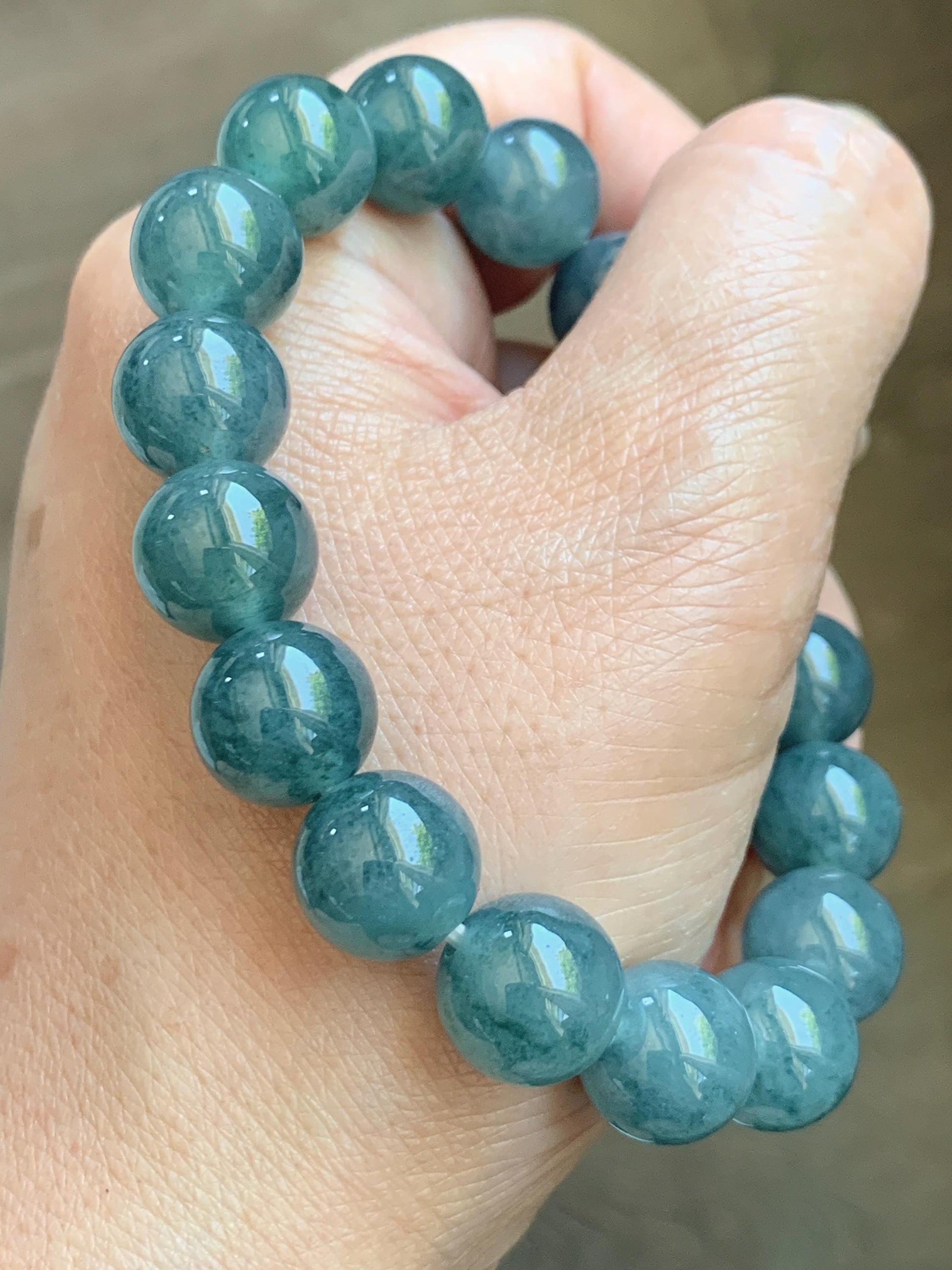 Certified Natural Grade A Guatemalan Icy Highly Translucent Blue Green Marble Jade Jadeite Beaded Bracelet 11.8mm 7.4” 48g 天然冰胶危蓝飘花翡翠手串 1167