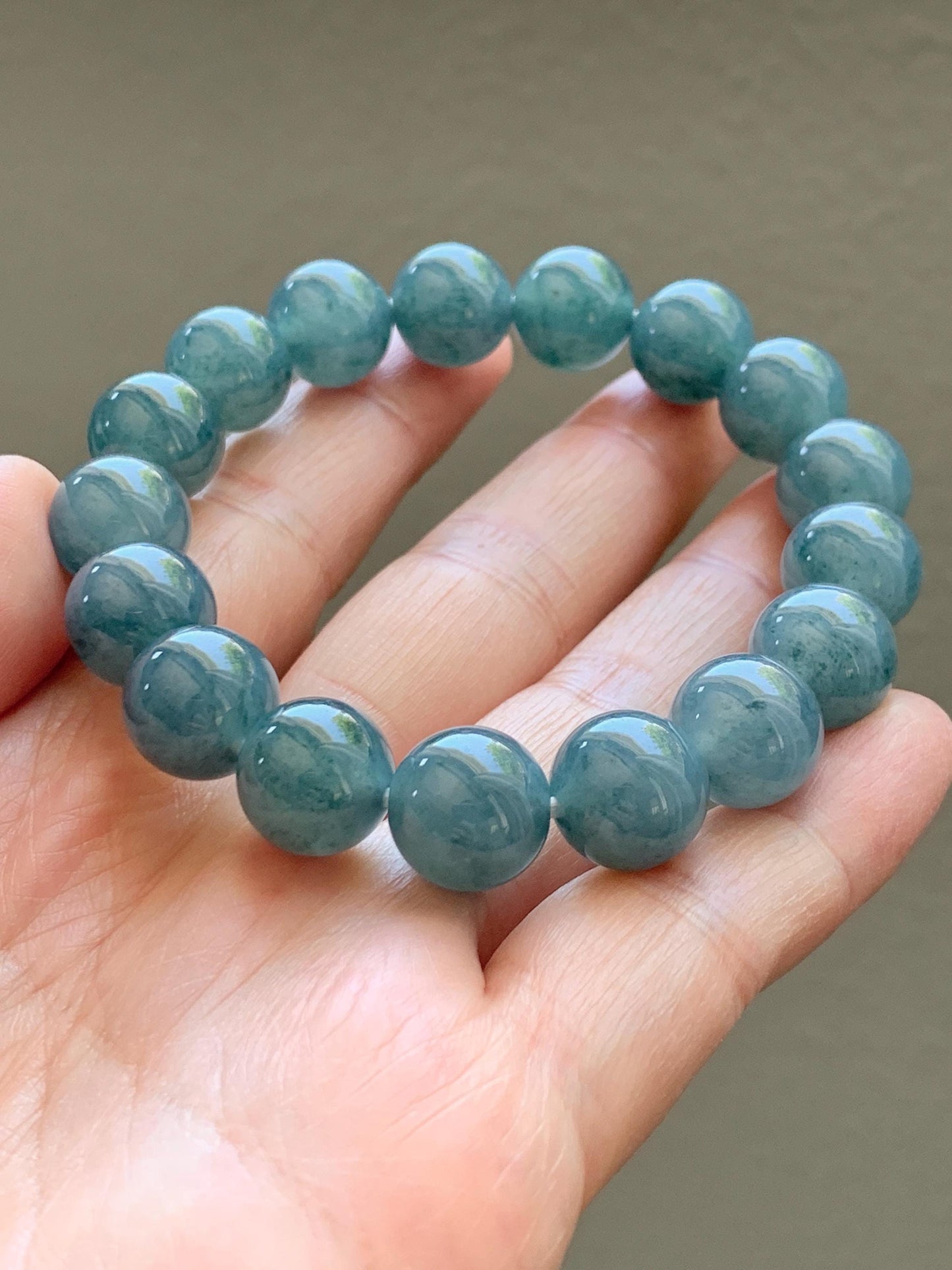 Certified Natural Grade A Guatemalan Icy Highly Translucent Blue Green Marble Jade Jadeite Beaded Bracelet 11.8mm 7.4” 48g 天然冰胶危蓝飘花翡翠手串 1167