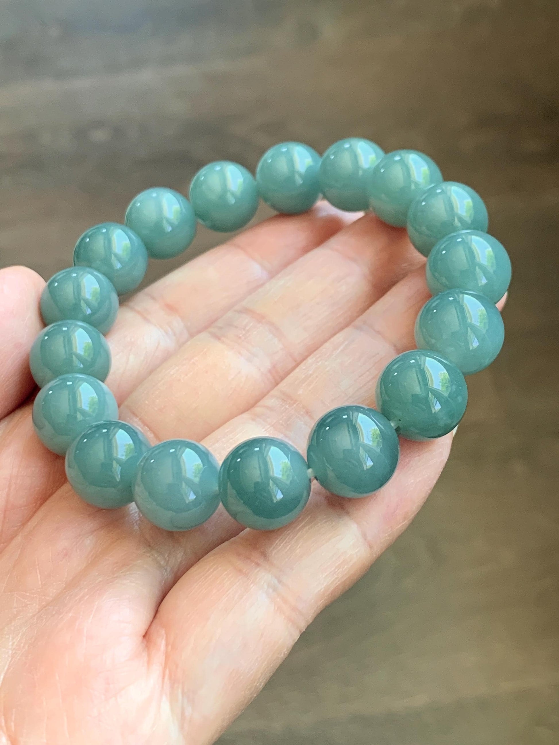 Natural Grade A Guatemalan Icy Translucent Dusty Teal Green Jade Jadeite Beaded Bracelet 11.7mm 7.3” 47g 天然冰危蓝绿翡翠手串 WDK220