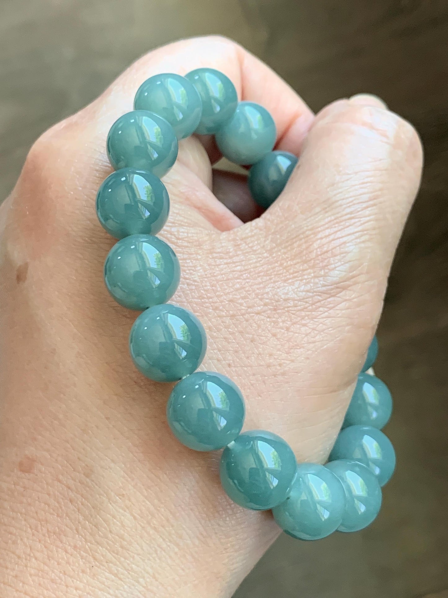 Natural Grade A Guatemalan Icy Translucent Dusty Teal Green Jade Jadeite Beaded Bracelet 11.7mm 7.3” 47g 天然冰危蓝绿翡翠手串 WDK220