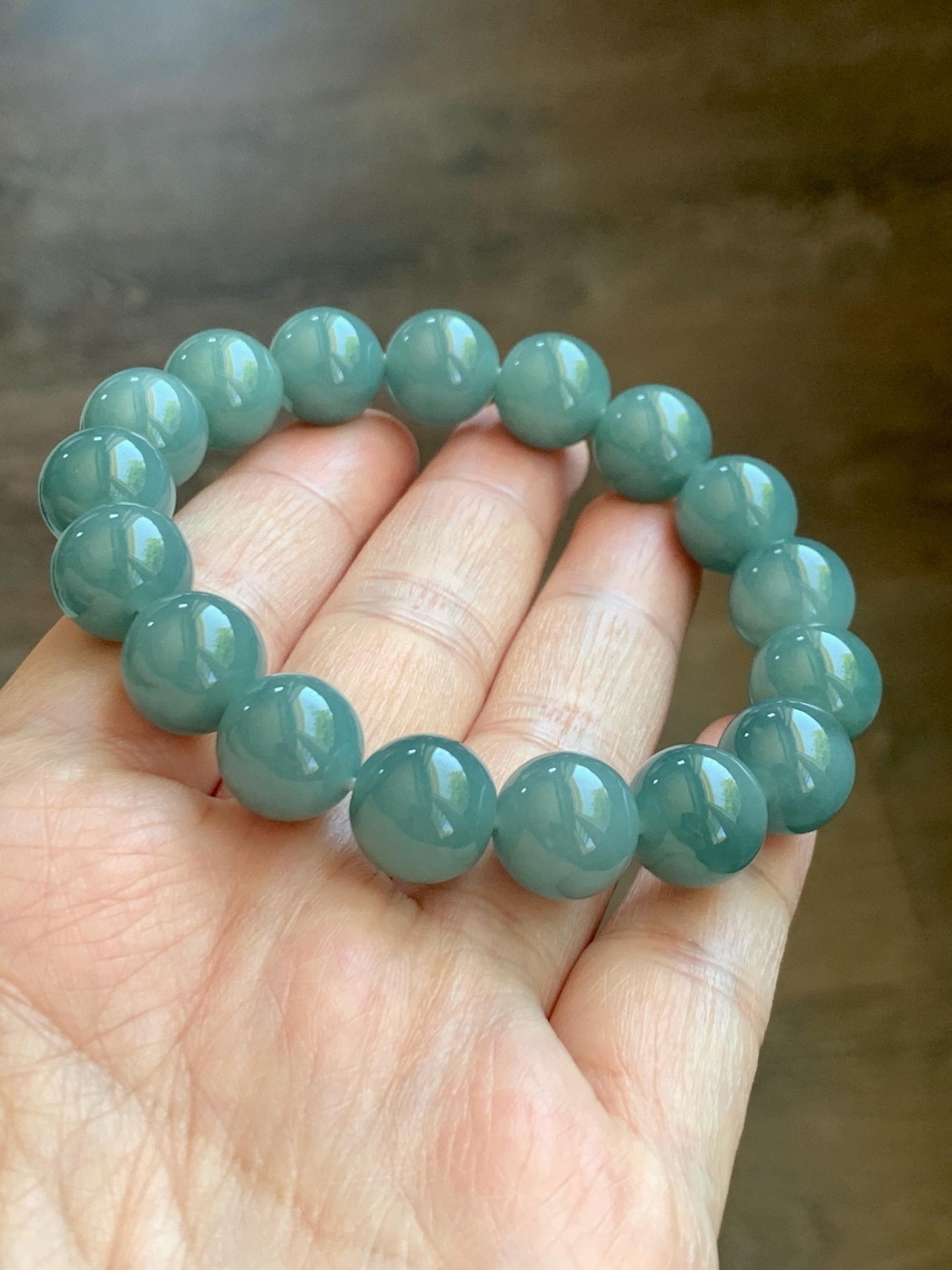 Natural Grade A Guatemalan Icy Translucent Dusty Teal Green Jade Jadeite Beaded Bracelet 11.7mm 7.3” 47g 天然冰危蓝绿翡翠手串 WDK220