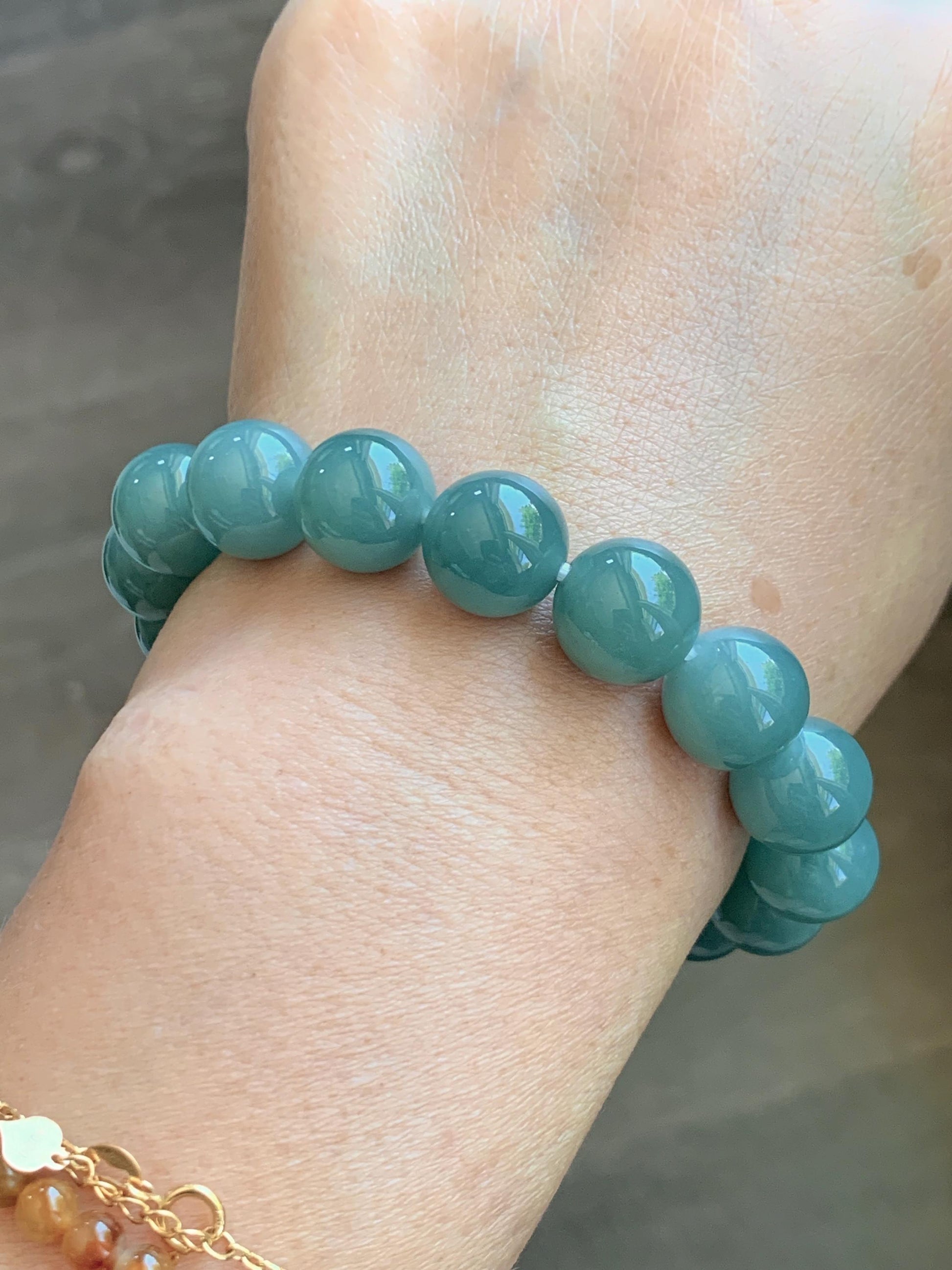 Natural Grade A Guatemalan Icy Translucent Dusty Teal Green Jade Jadeite Beaded Bracelet 11.7mm 7.3” 47g 天然冰危蓝绿翡翠手串 WDK220