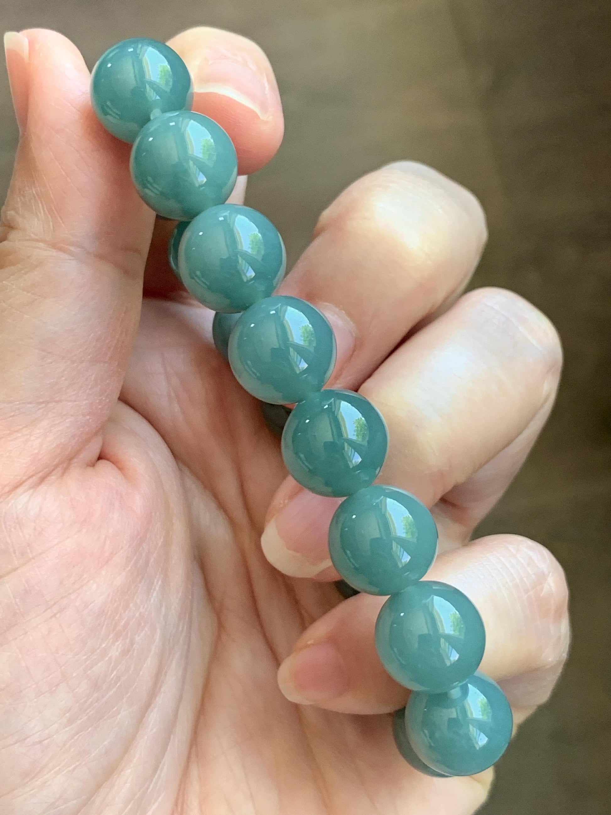 Natural Grade A Guatemalan Icy Translucent Dusty Teal Green Jade Jadeite Beaded Bracelet 11.7mm 7.3” 47g 天然冰危蓝绿翡翠手串 WDK220