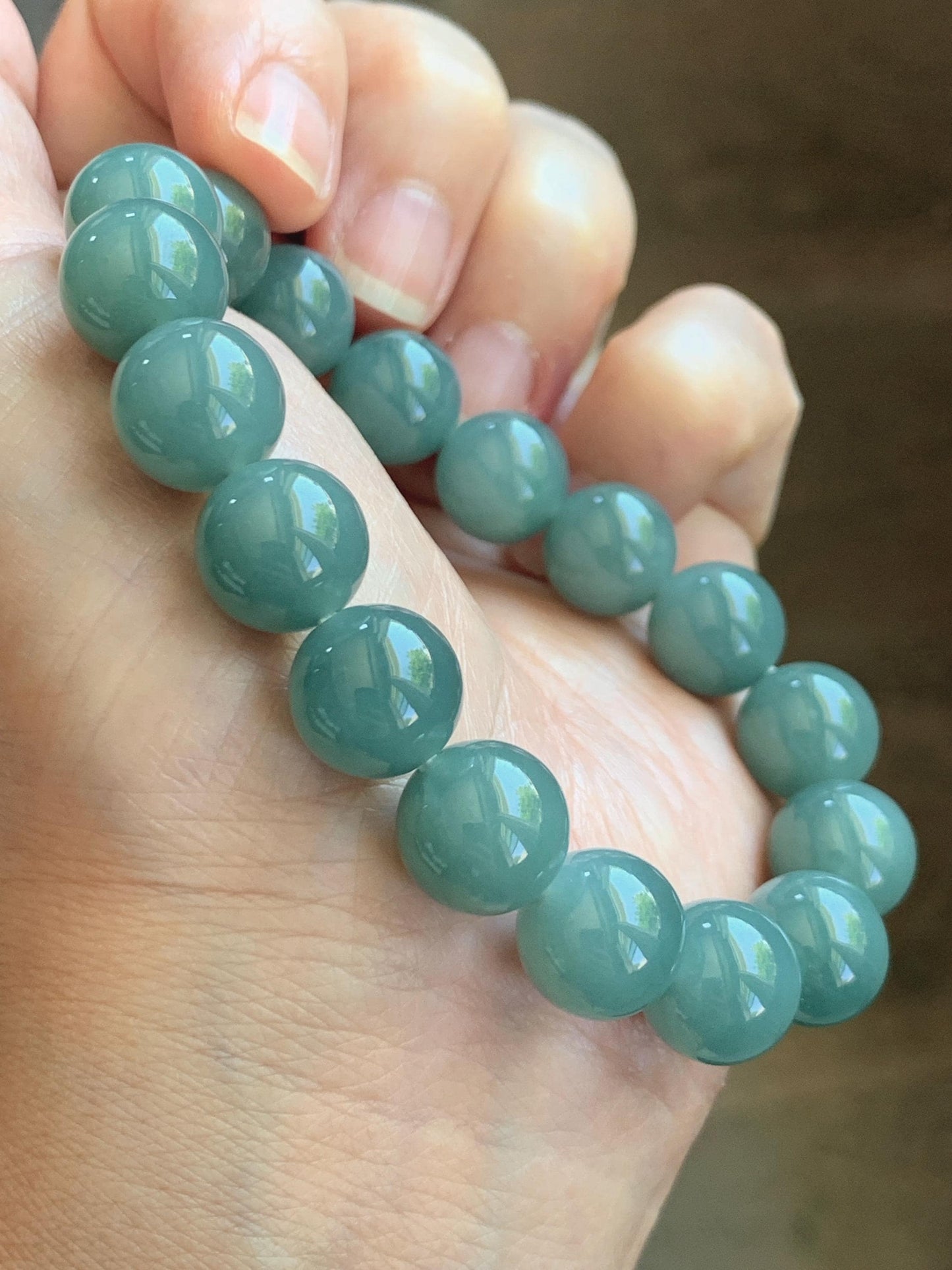 Natural Grade A Guatemalan Icy Translucent Dusty Teal Green Jade Jadeite Beaded Bracelet 11.7mm 7.3” 47g 天然冰危蓝绿翡翠手串 WDK220