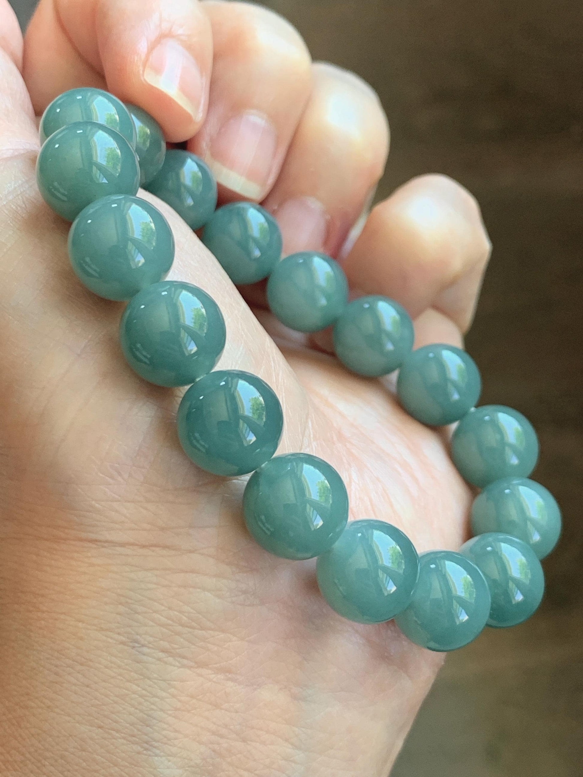 Natural Grade A Guatemalan Icy Translucent Dusty Teal Green Jade Jadeite Beaded Bracelet 11.7mm 7.3” 47g 天然冰危蓝绿翡翠手串 WDK220