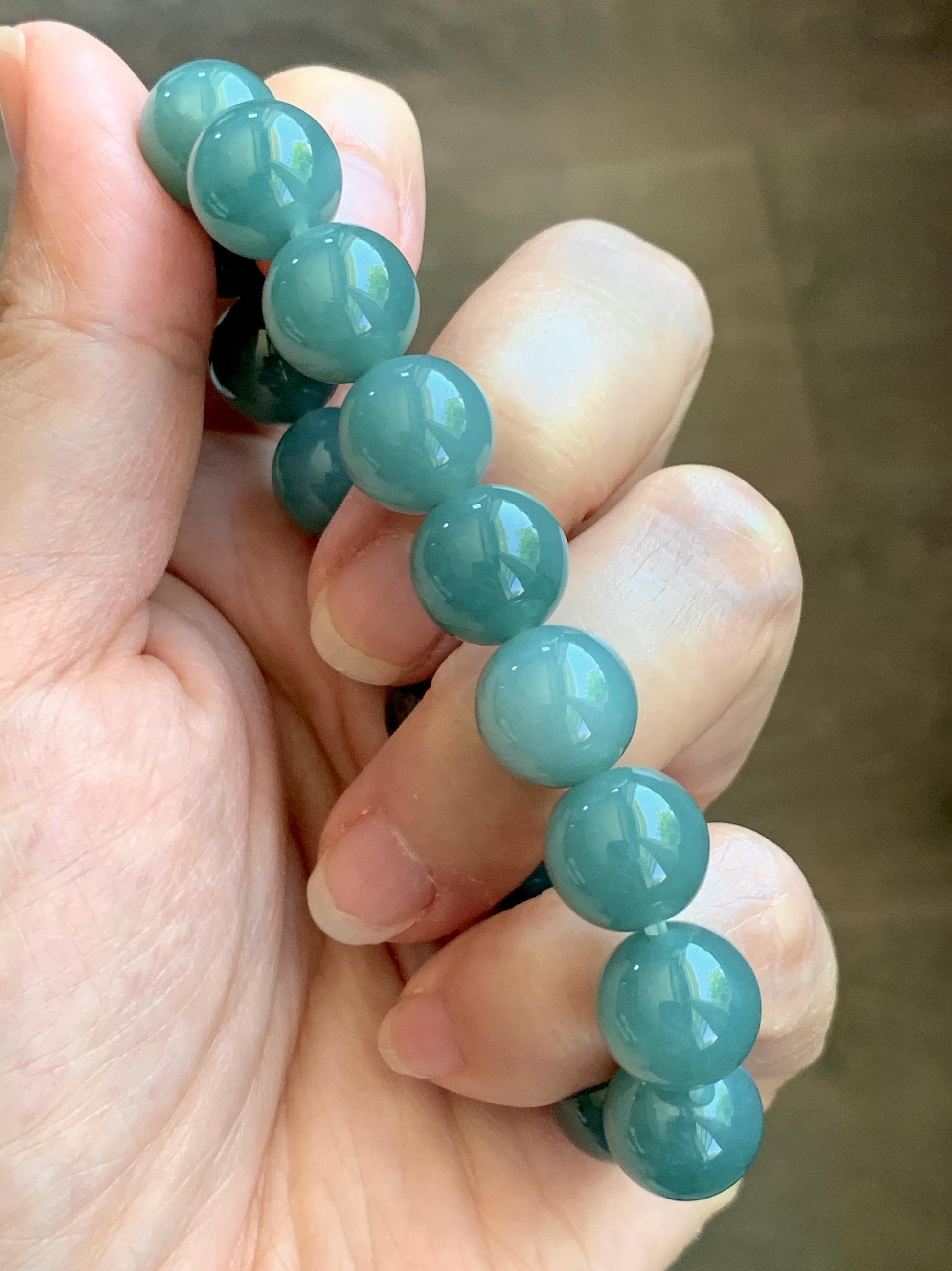 Natural Grade A Guatemalan Icy Translucent Dusty Teal Green Jade Jadeite Beaded Bracelet 11.7mm 7.3” 47g 天然冰危蓝绿翡翠手串 WDK220