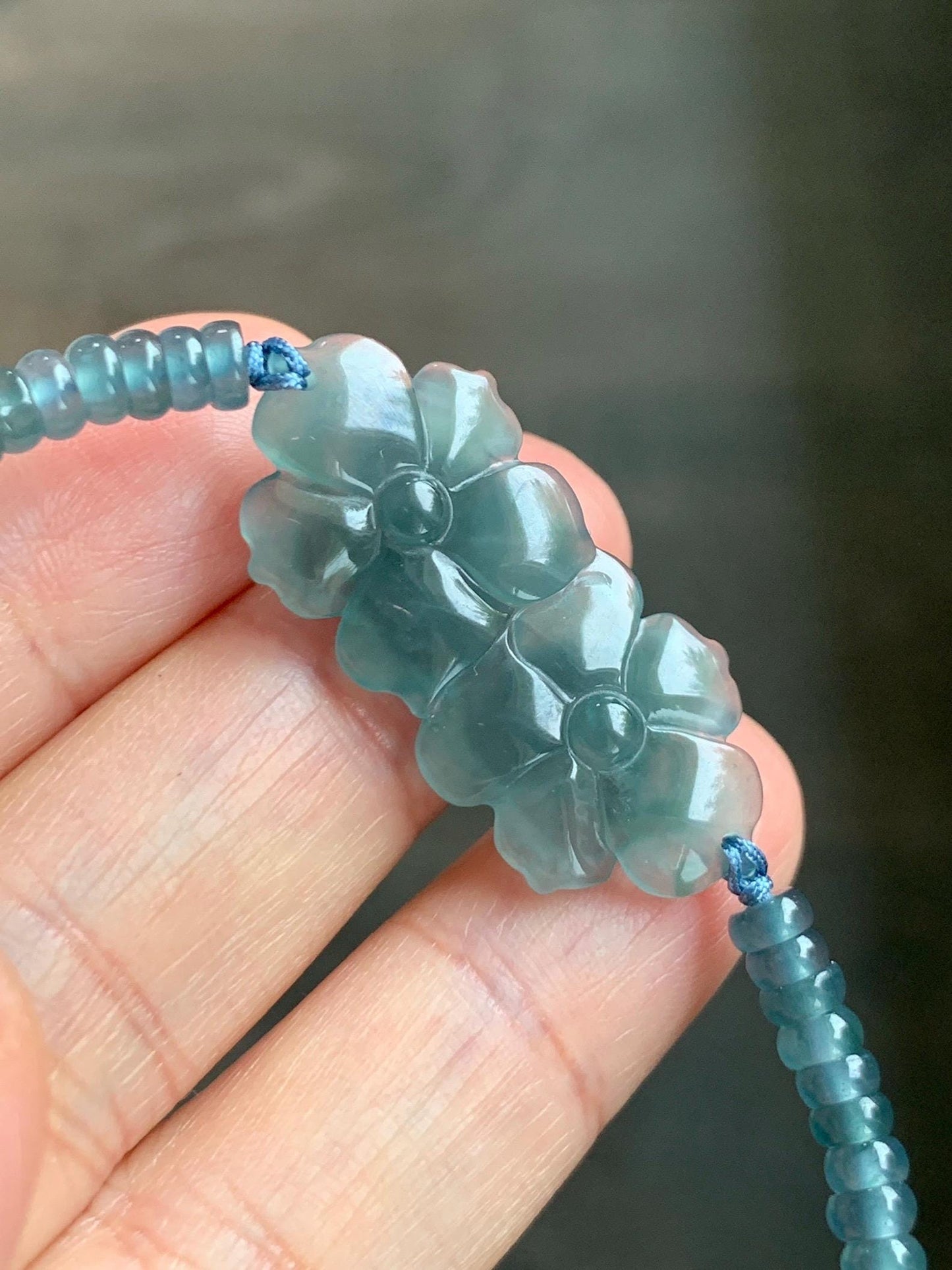 Natural Grade A Guatemalan Icy Translucent Teal Blue Jade Jadeite Double Lotus Flower Beaded Bracelet 6.75” 10g 天然冰胶危蓝起光翡翠双莲花算盘珠手串 WSL188