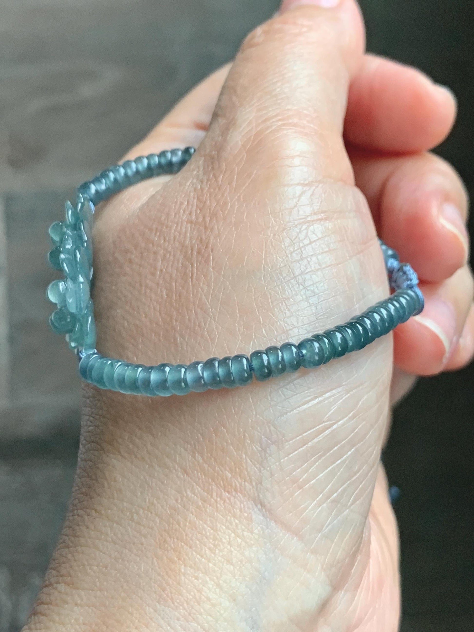Natural Grade A Guatemalan Icy Translucent Teal Blue Jade Jadeite Double Lotus Flower Beaded Bracelet 6.75” 10g 天然冰胶危蓝起光翡翠双莲花算盘珠手串 WSL188