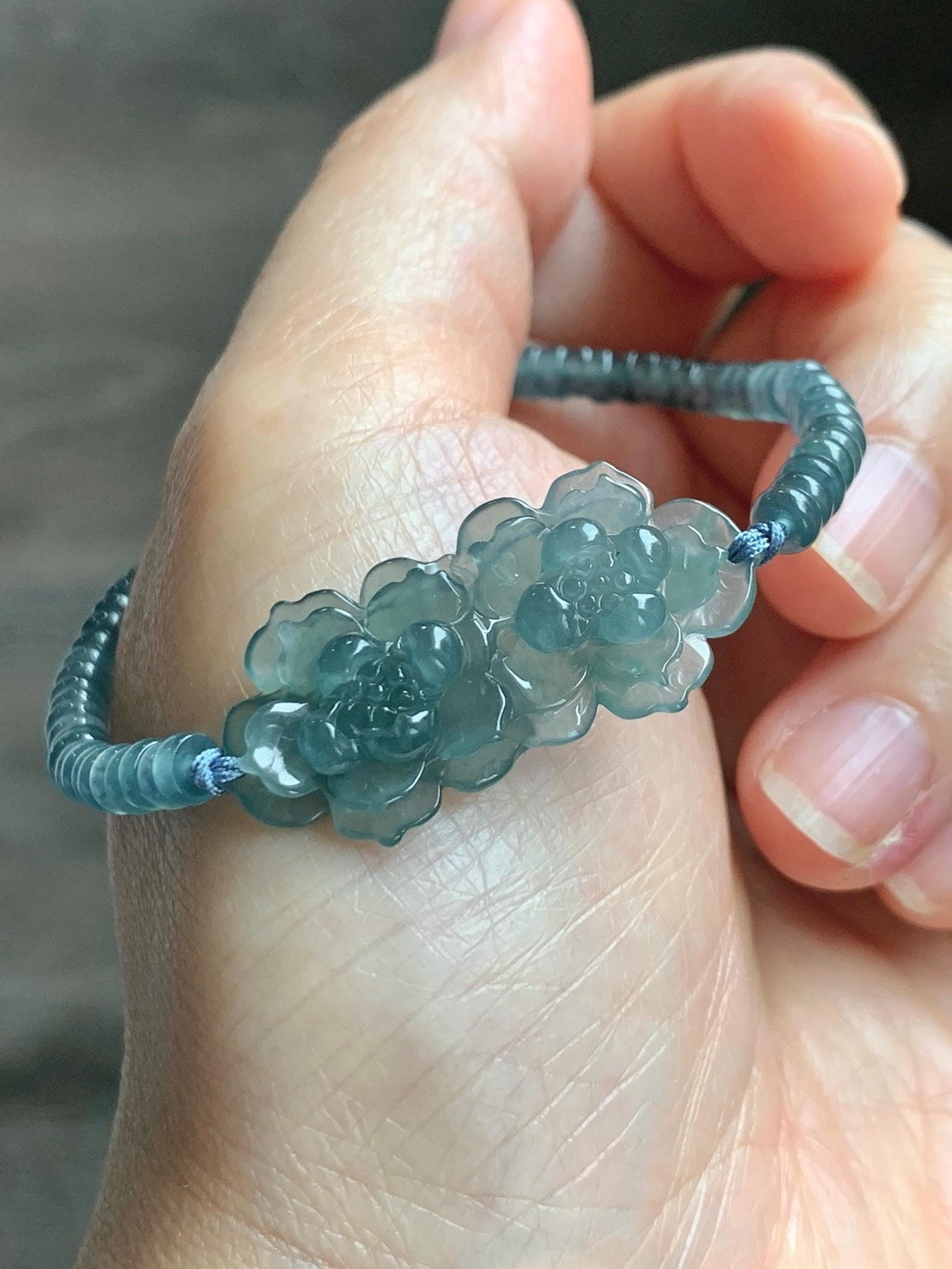 Natural Grade A Guatemalan Icy Translucent Teal Blue Jade Jadeite Double Lotus Flower Beaded Bracelet 6.75” 10g 天然冰胶危蓝起光翡翠双莲花算盘珠手串 WSL188