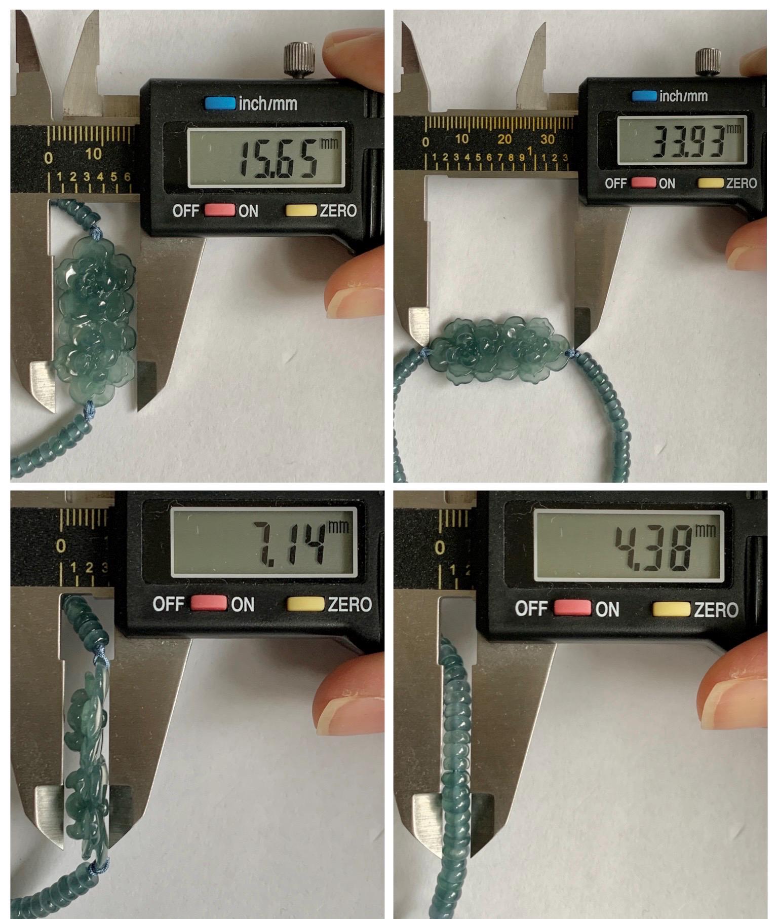 Natural Grade A Guatemalan Icy Translucent Teal Blue Jade Jadeite Double Lotus Flower Beaded Bracelet 6.75” 10g 天然冰胶危蓝起光翡翠双莲花算盘珠手串 WSL188