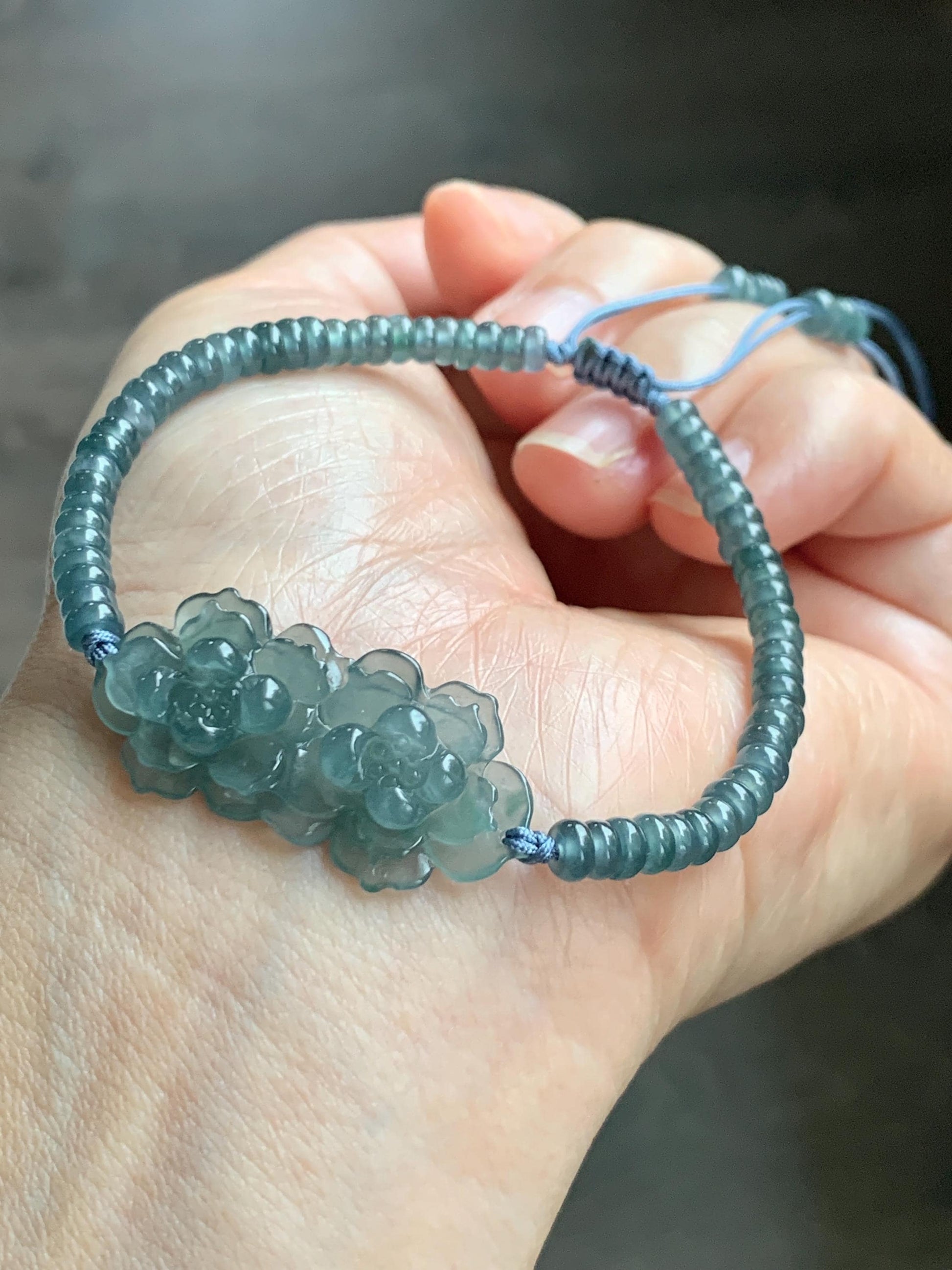 Natural Grade A Guatemalan Icy Translucent Teal Blue Jade Jadeite Double Lotus Flower Beaded Bracelet 6.75” 10g 天然冰胶危蓝起光翡翠双莲花算盘珠手串 WSL188